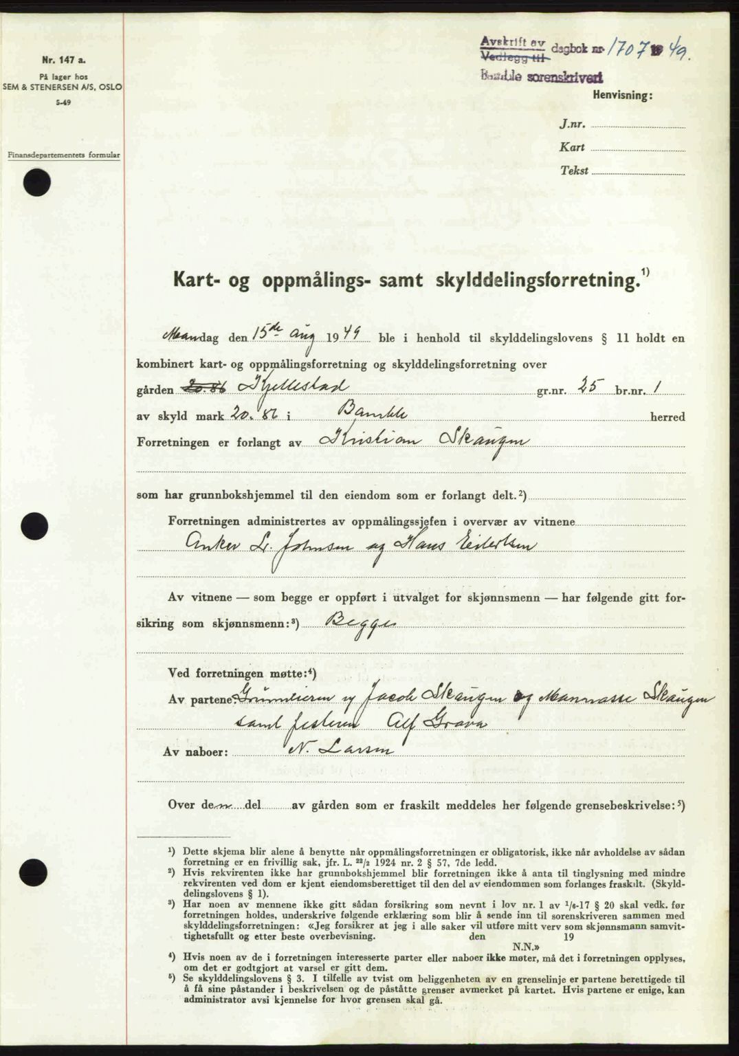 Bamble sorenskriveri, SAKO/A-214/G/Ga/Gag/L0015: Pantebok nr. A-15, 1949-1949, Dagboknr: 1707/1949