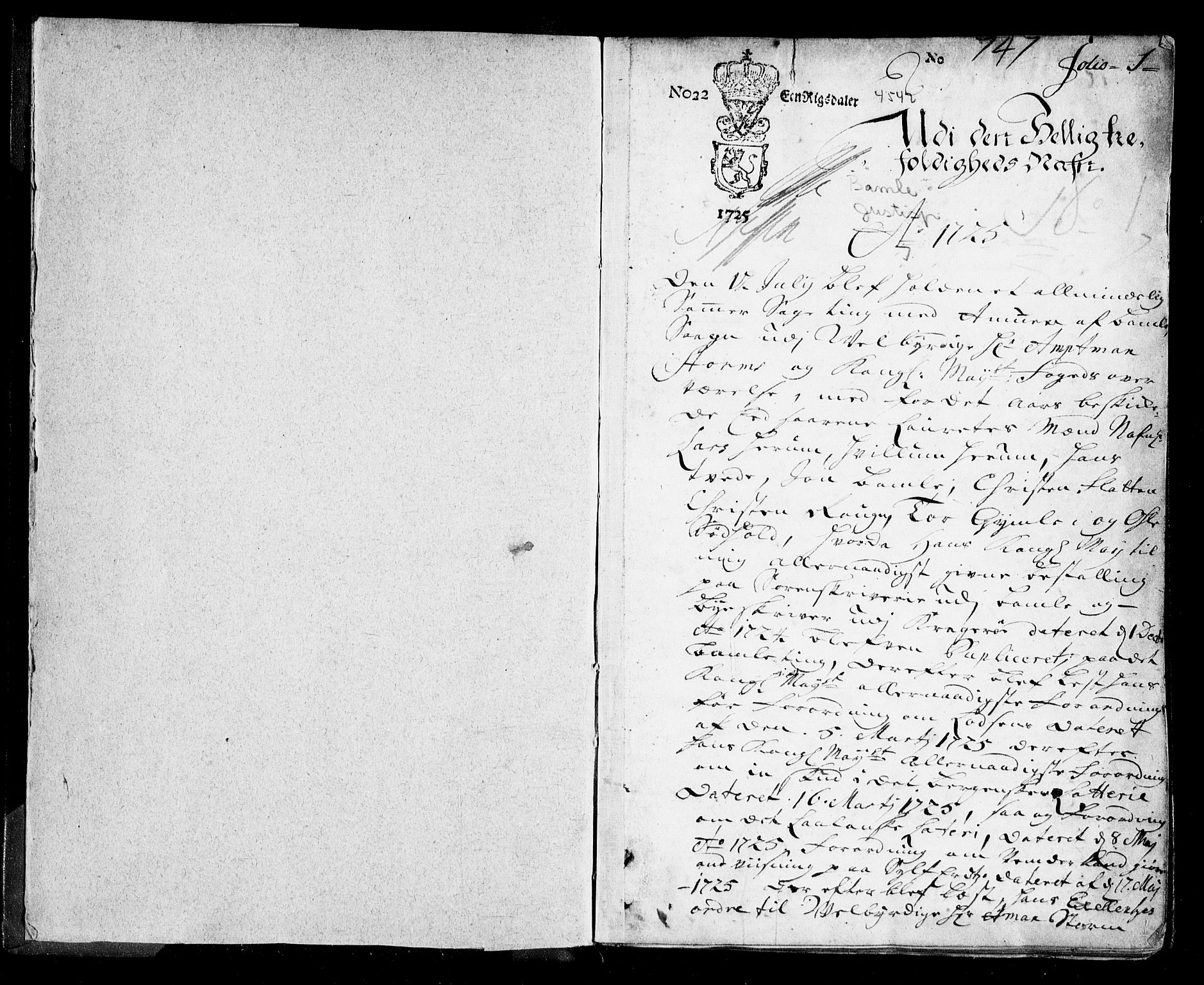 Bamble sorenskriveri, SAKO/A-214/F/Fa/Faa/L0009: Tingbok, 1725-1726, s. 1
