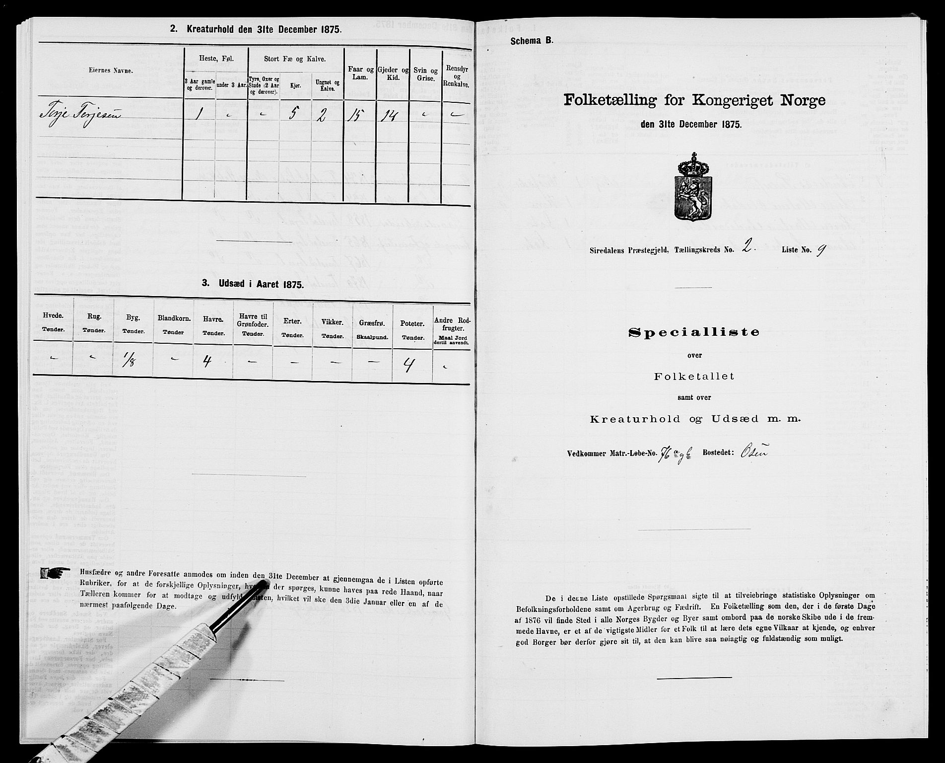 SAK, Folketelling 1875 for 1046P Sirdal prestegjeld, 1875, s. 154