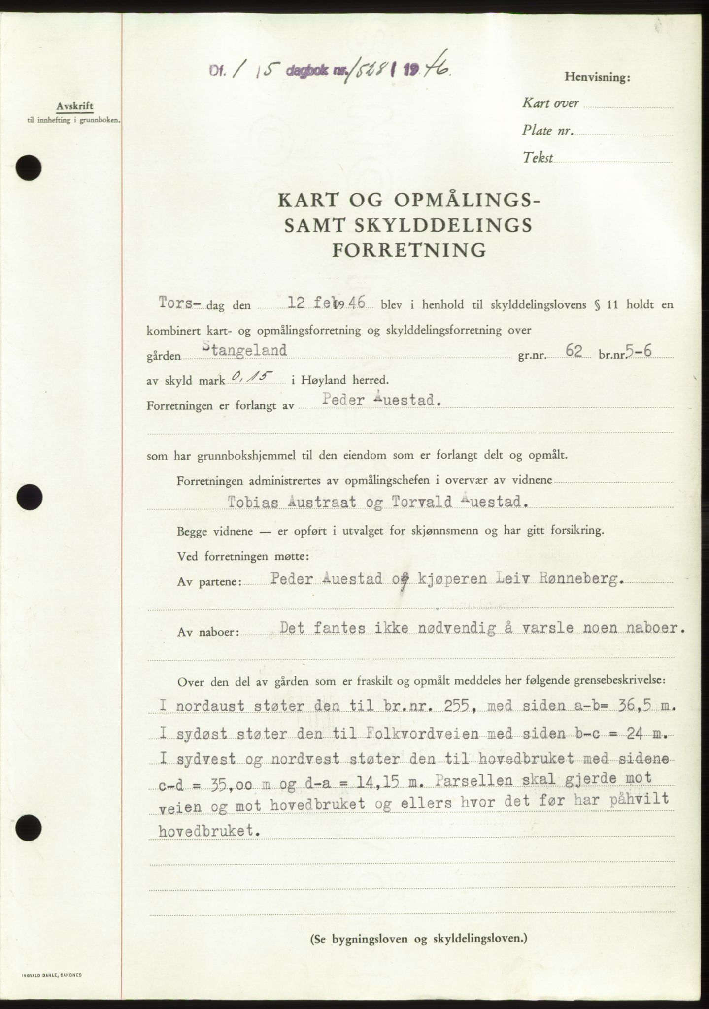 Jæren sorenskriveri, SAST/A-100310/03/G/Gba/L0090: Pantebok, 1946-1946, Dagboknr: 1528/1946