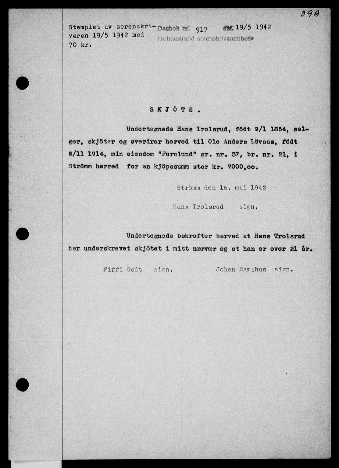 Holmestrand sorenskriveri, SAKO/A-67/G/Ga/Gaa/L0055: Pantebok nr. A-55, 1942-1942, Dagboknr: 917/1942