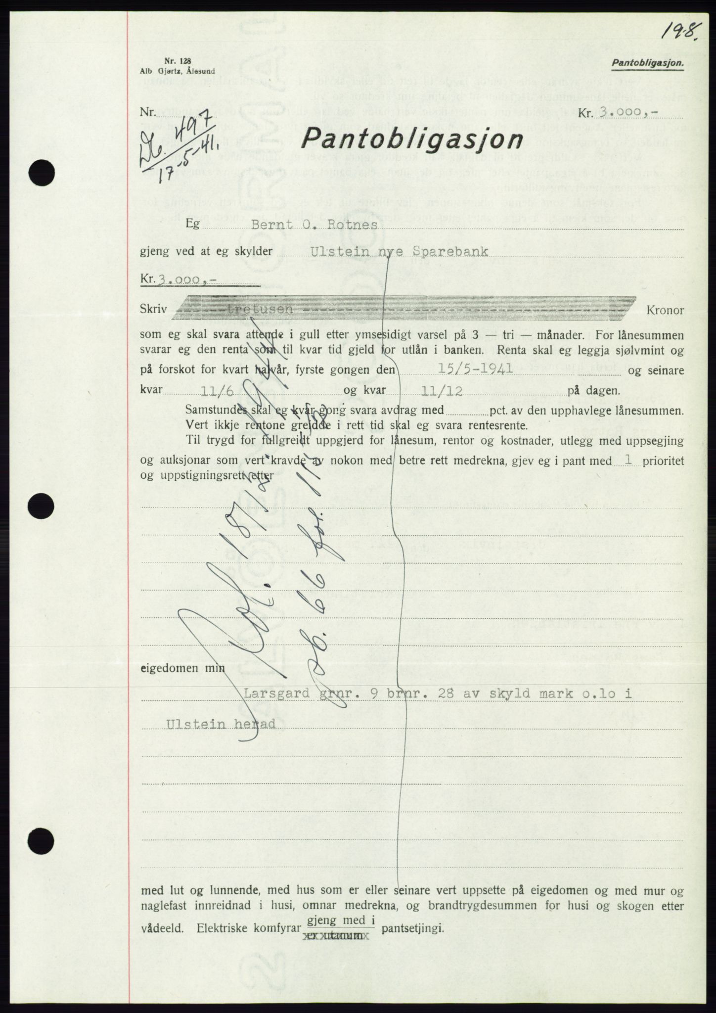 Søre Sunnmøre sorenskriveri, AV/SAT-A-4122/1/2/2C/L0071: Pantebok nr. 65, 1941-1941, Dagboknr: 497/1941