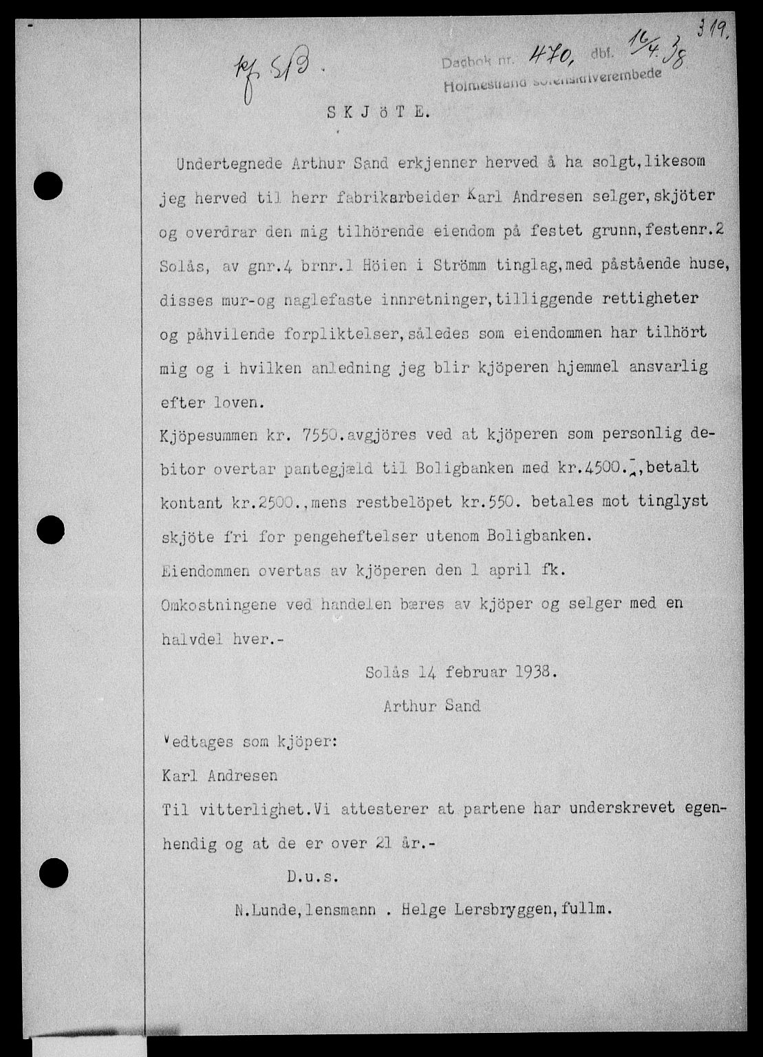 Holmestrand sorenskriveri, SAKO/A-67/G/Ga/Gaa/L0049: Pantebok nr. A-49, 1937-1938, Dagboknr: 470/1938