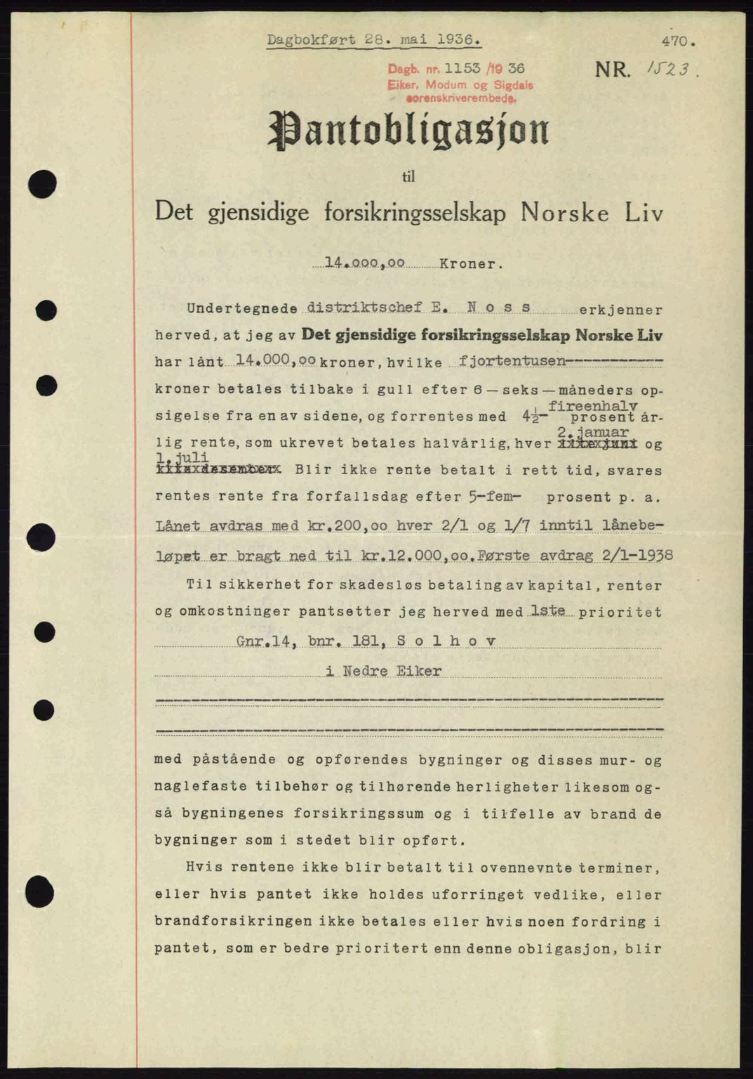 Eiker, Modum og Sigdal sorenskriveri, SAKO/A-123/G/Ga/Gab/L0032: Pantebok nr. A2, 1936-1936, Dagboknr: 1153/1936