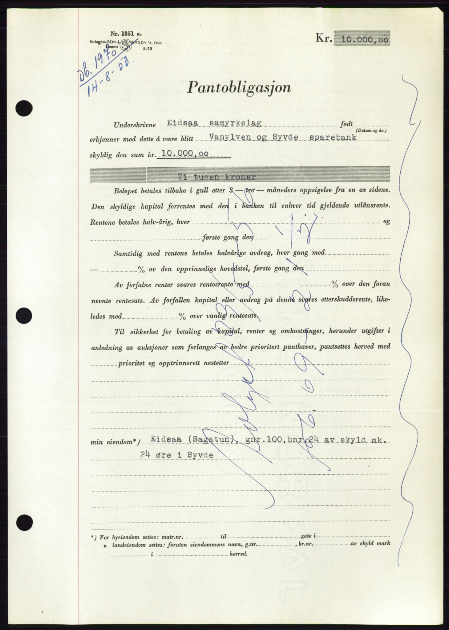 Søre Sunnmøre sorenskriveri, SAT/A-4122/1/2/2C/L0123: Pantebok nr. 11B, 1953-1953, Dagboknr: 1970/1953