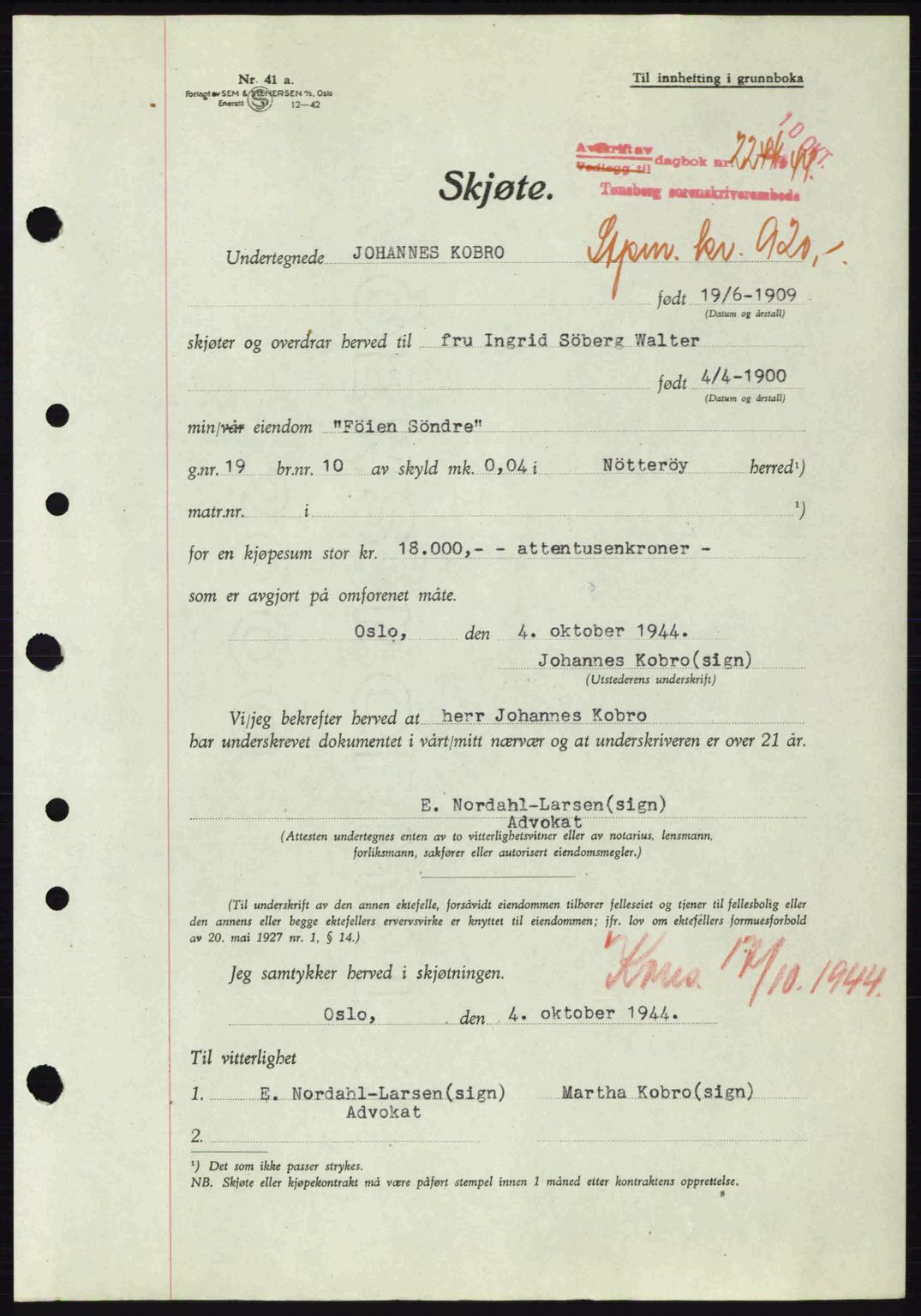 Tønsberg sorenskriveri, AV/SAKO-A-130/G/Ga/Gaa/L0016: Pantebok nr. A16, 1944-1945, Dagboknr: 2244/1944