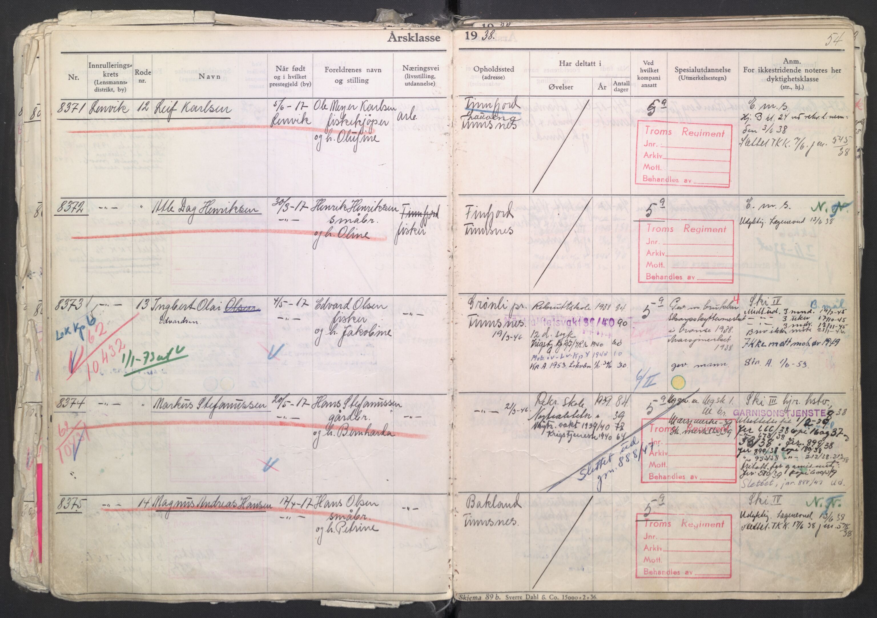 Forsvaret, Troms infanteriregiment nr. 16, AV/RA-RAFA-3146/P/Pa/L0007/0003: Ruller / Rulle for regimentets menige mannskaper, årsklasse 1938, 1938, s. 54