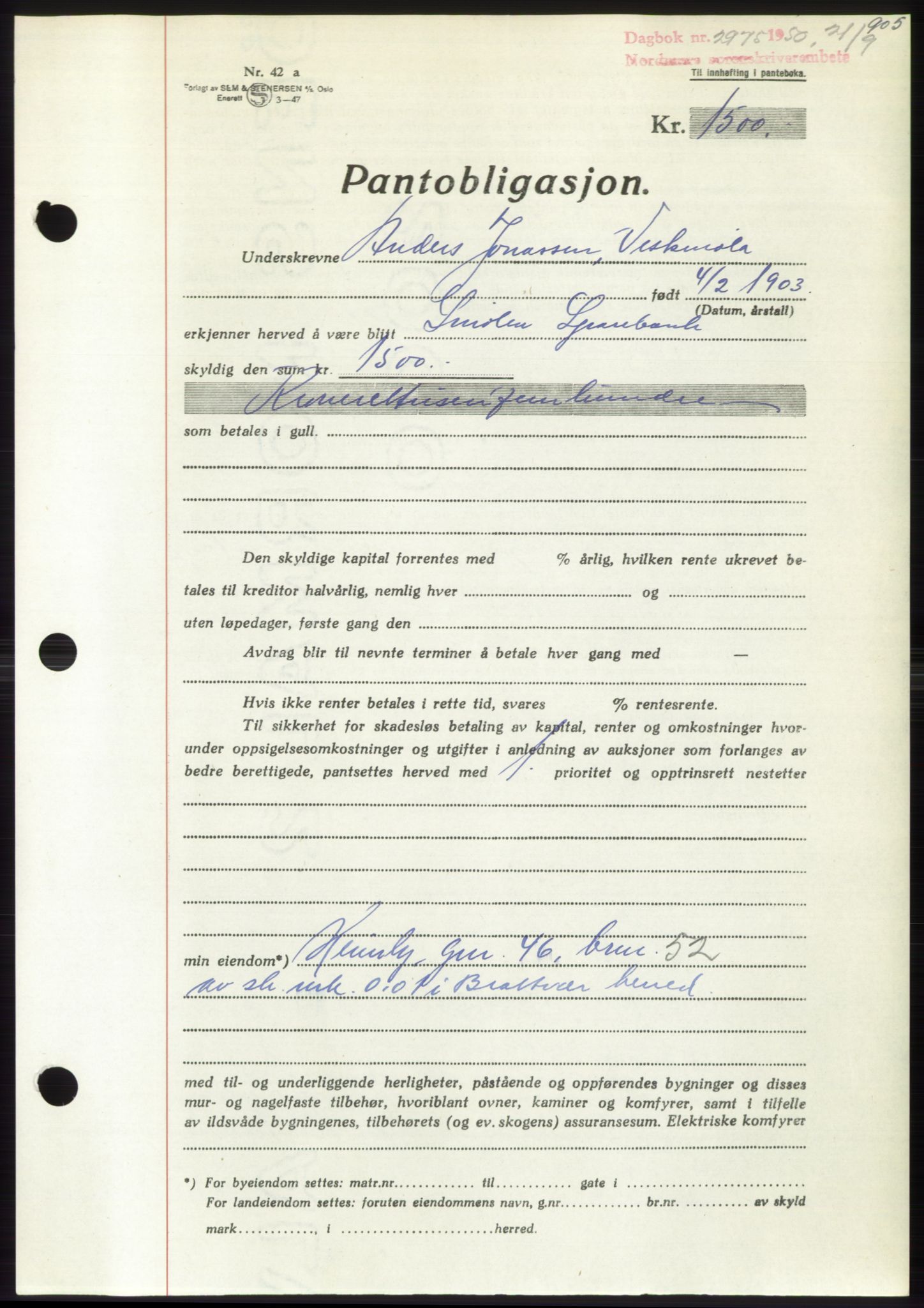 Nordmøre sorenskriveri, AV/SAT-A-4132/1/2/2Ca: Pantebok nr. B105, 1950-1950, Dagboknr: 2975/1950