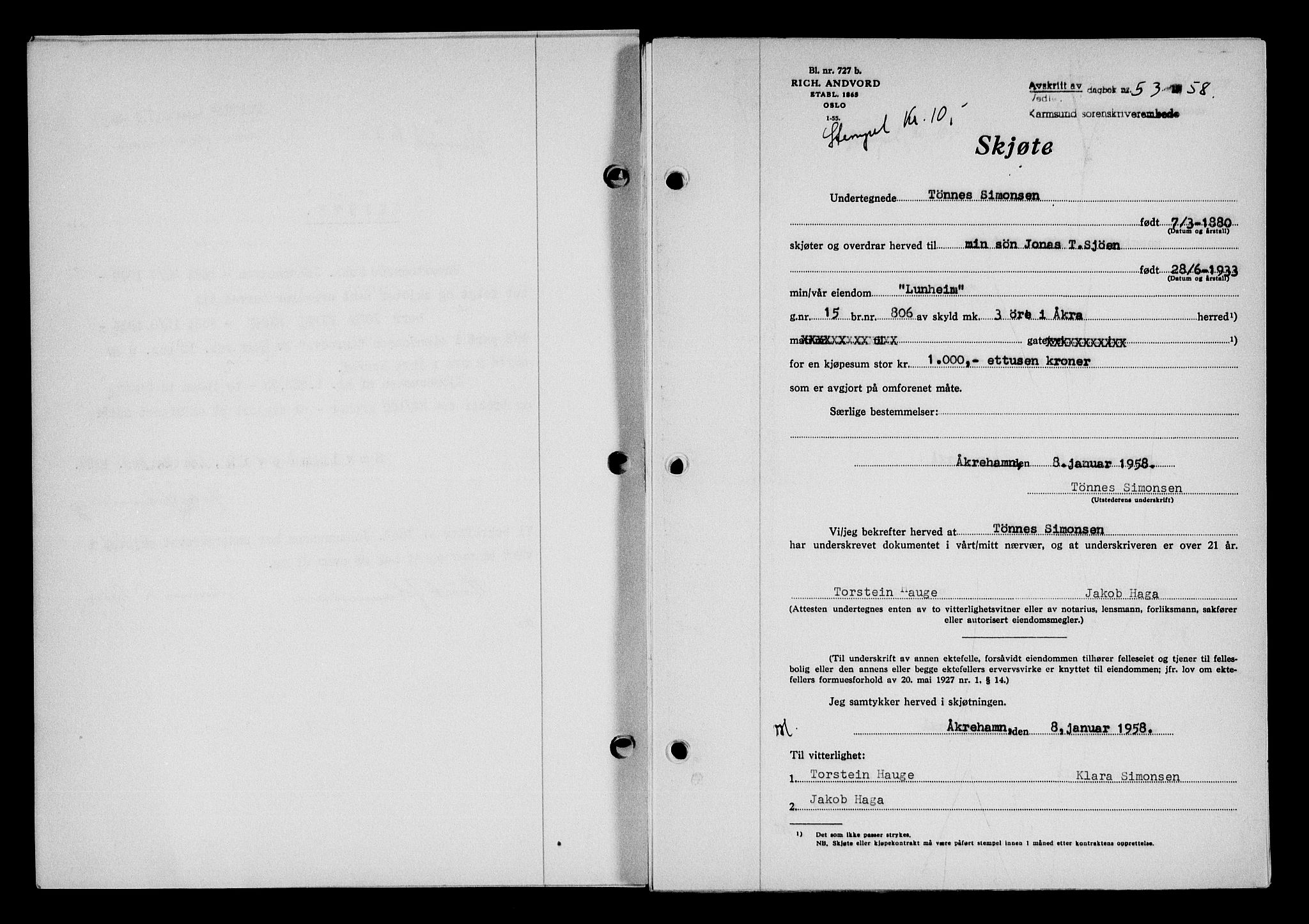 Karmsund sorenskriveri, SAST/A-100311/01/II/IIB/L0127: Pantebok nr. 107A, 1957-1958, Dagboknr: 53/1958