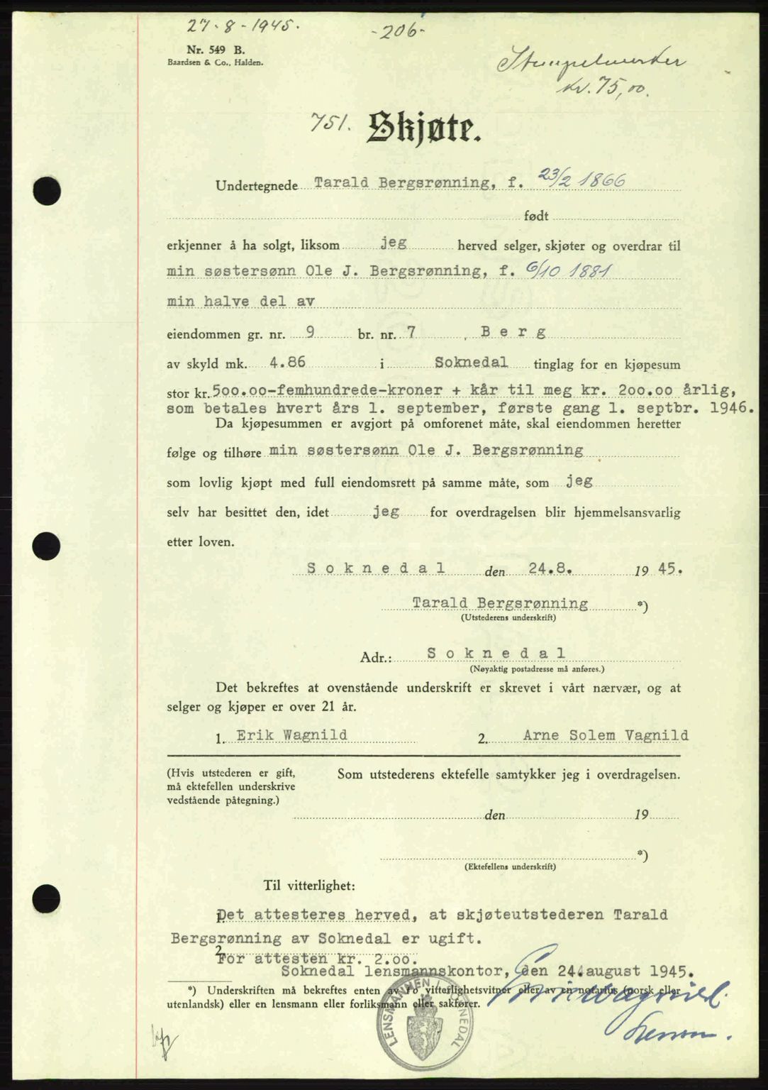 Gauldal sorenskriveri, SAT/A-0014/1/2/2C: Pantebok nr. A1a, 1945-1945, Dagboknr: 751/1945