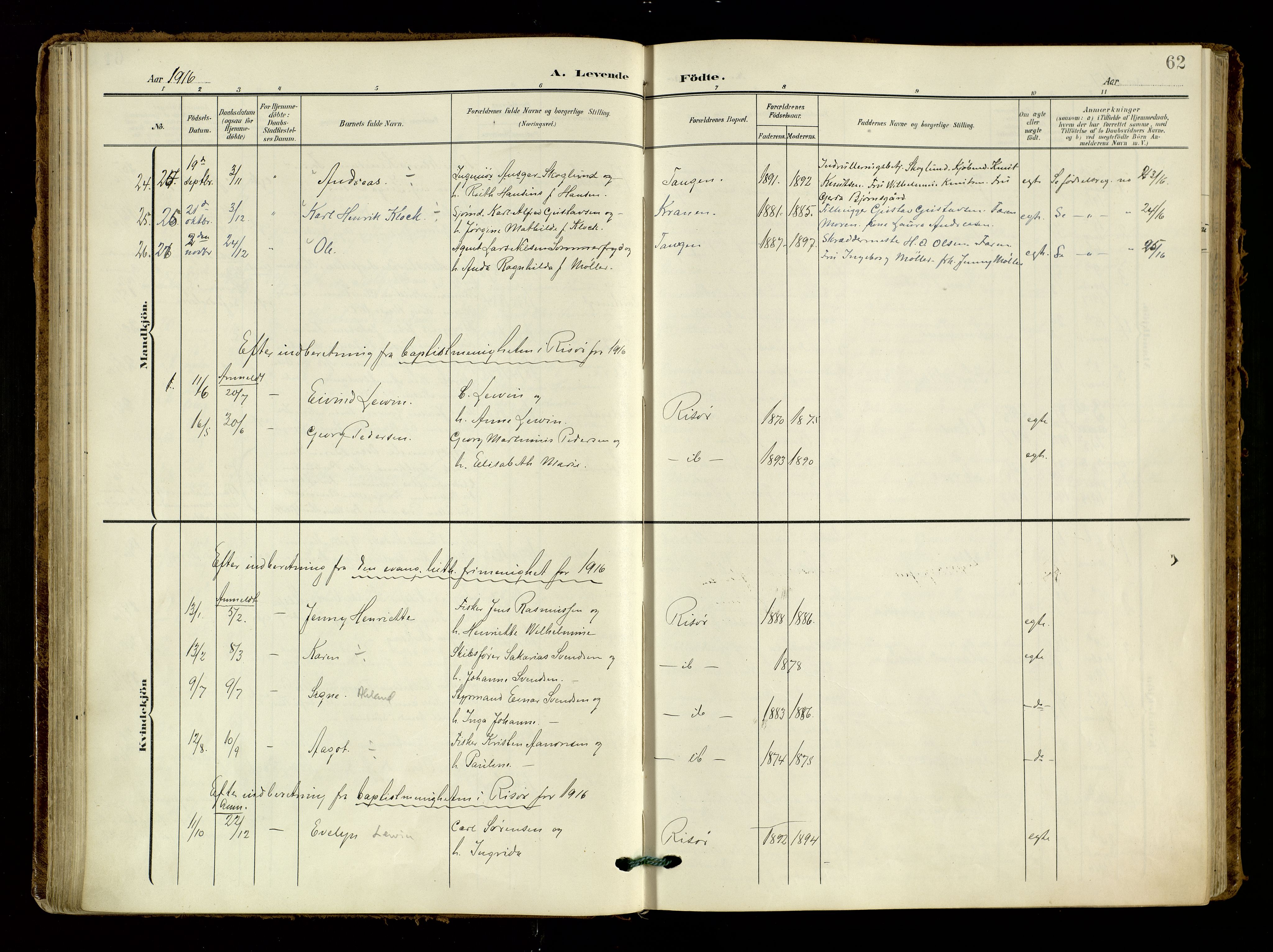 Risør sokneprestkontor, AV/SAK-1111-0035/F/Fa/L0011: Ministerialbok nr. A 11, 1907-1920, s. 62
