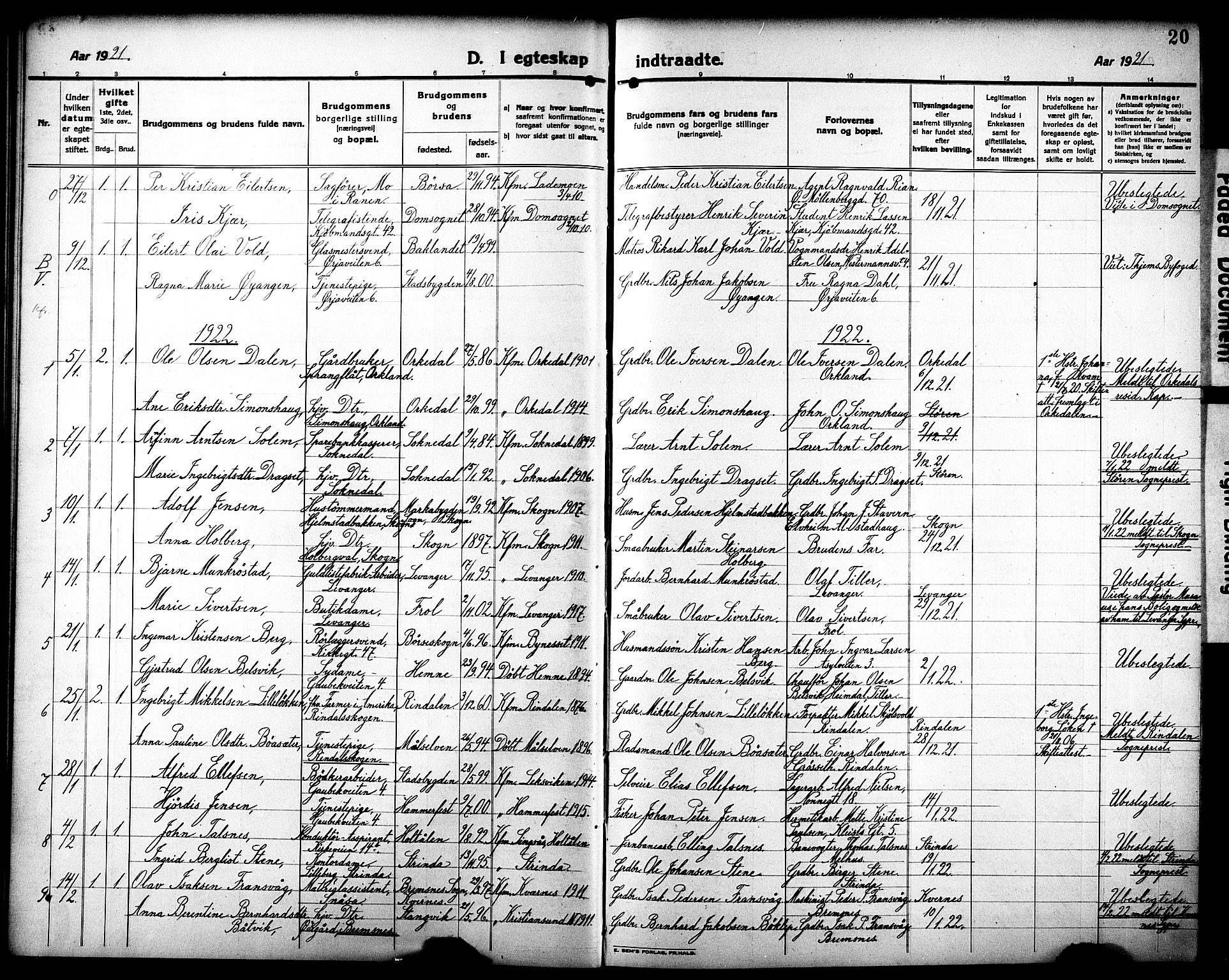 Ministerialprotokoller, klokkerbøker og fødselsregistre - Sør-Trøndelag, AV/SAT-A-1456/602/L0149: Klokkerbok nr. 602C17, 1919-1932, s. 20