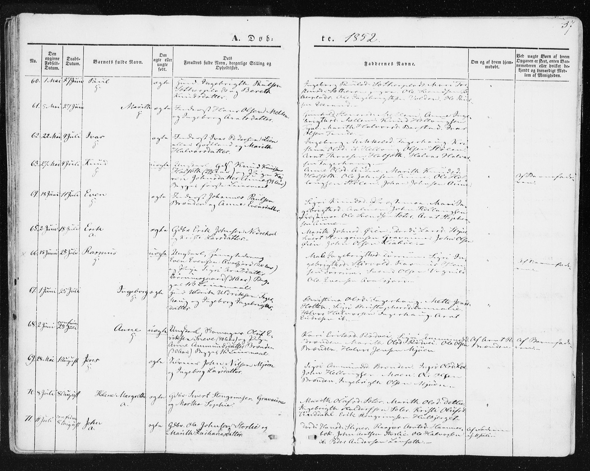 Ministerialprotokoller, klokkerbøker og fødselsregistre - Sør-Trøndelag, SAT/A-1456/678/L0899: Ministerialbok nr. 678A08, 1848-1872, s. 37