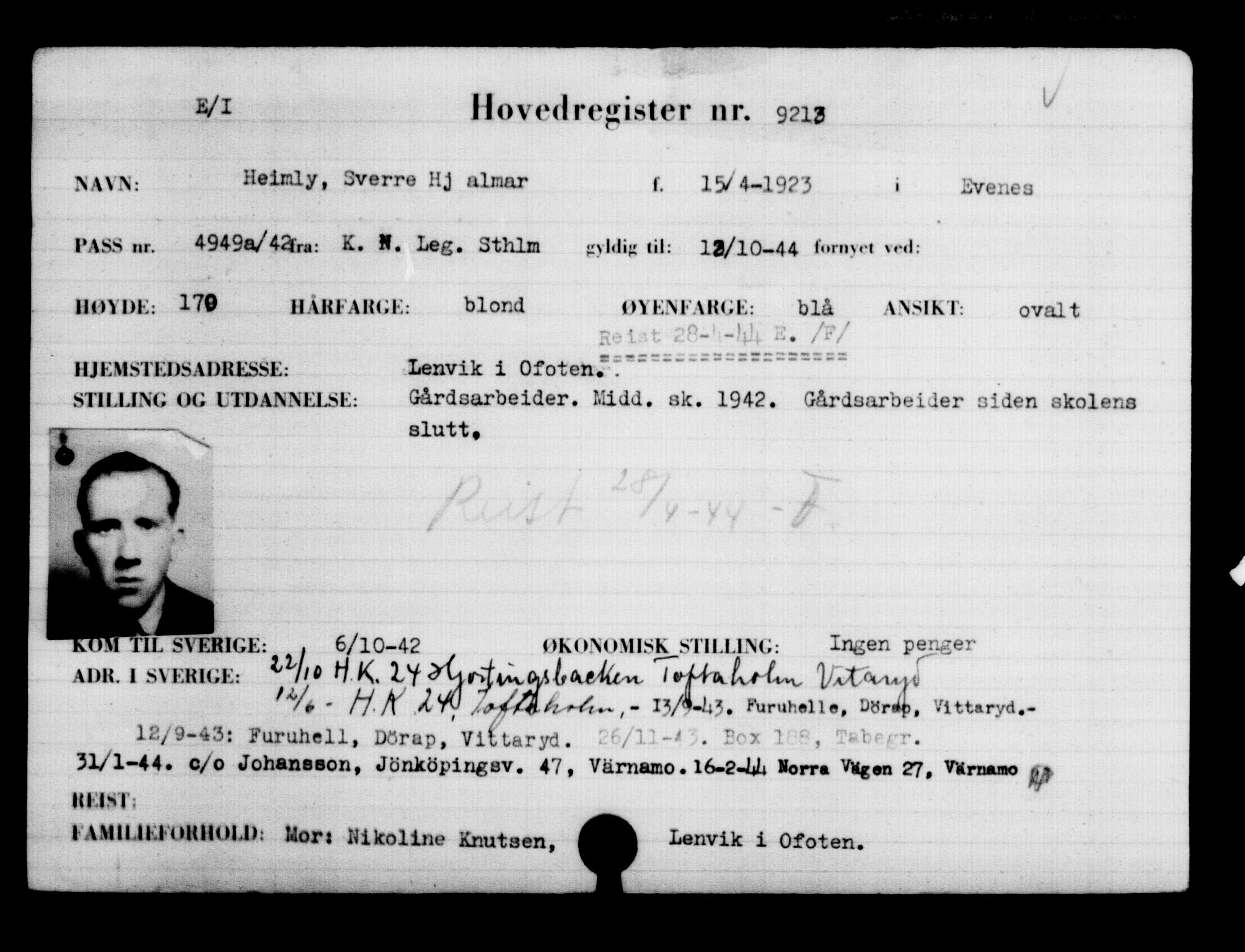Utenriksstasjonene, Legasjonen i Stockholm, Flyktningkontoret, AV/RA-S-6753/V/Va/L0005: Kjesäterkartoteket, flyktninger med registreringsnr. 6600-9417, 1940-1945, s. 3087