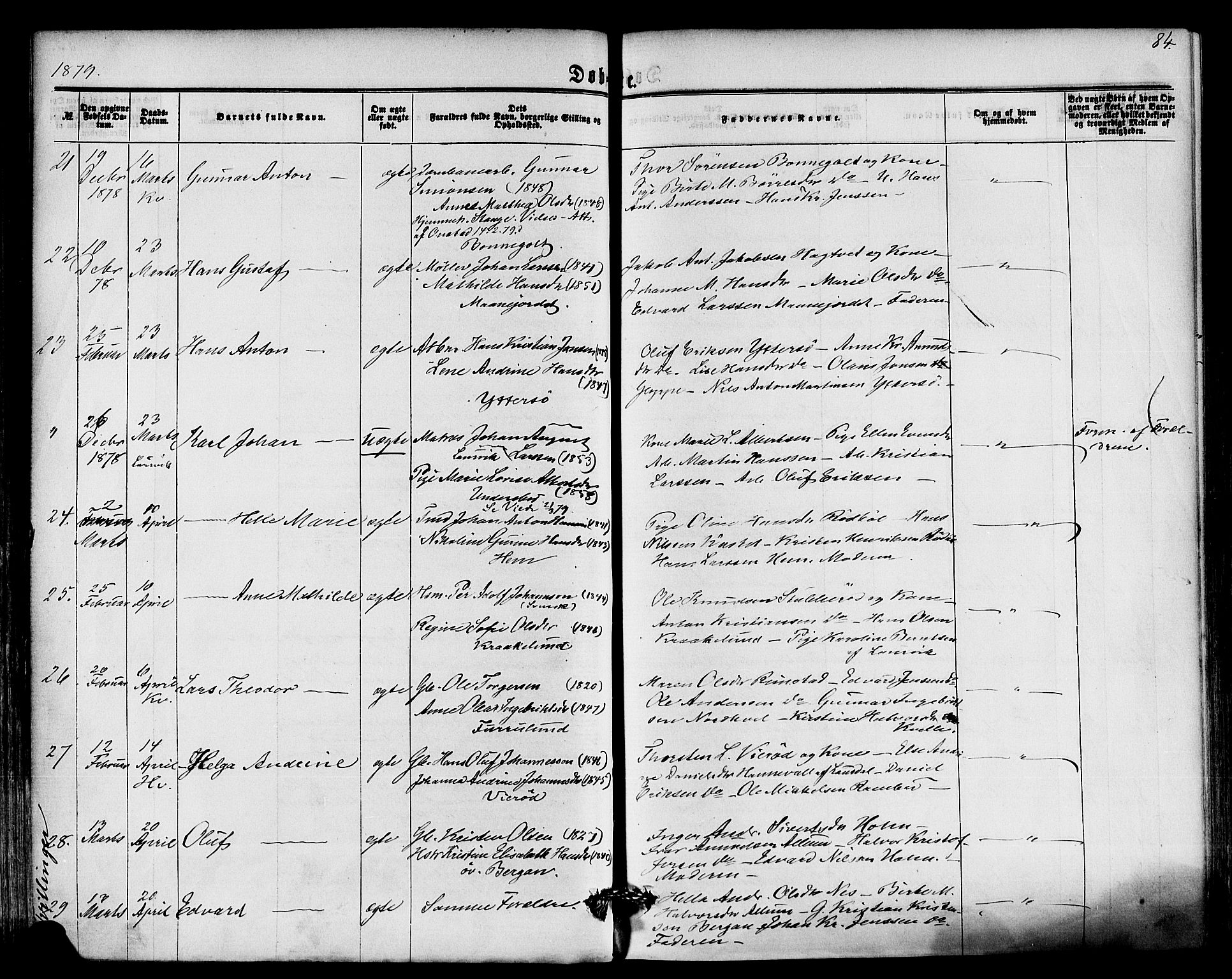 Hedrum kirkebøker, AV/SAKO-A-344/F/Fa/L0008: Ministerialbok nr. I 8, 1869-1880, s. 84