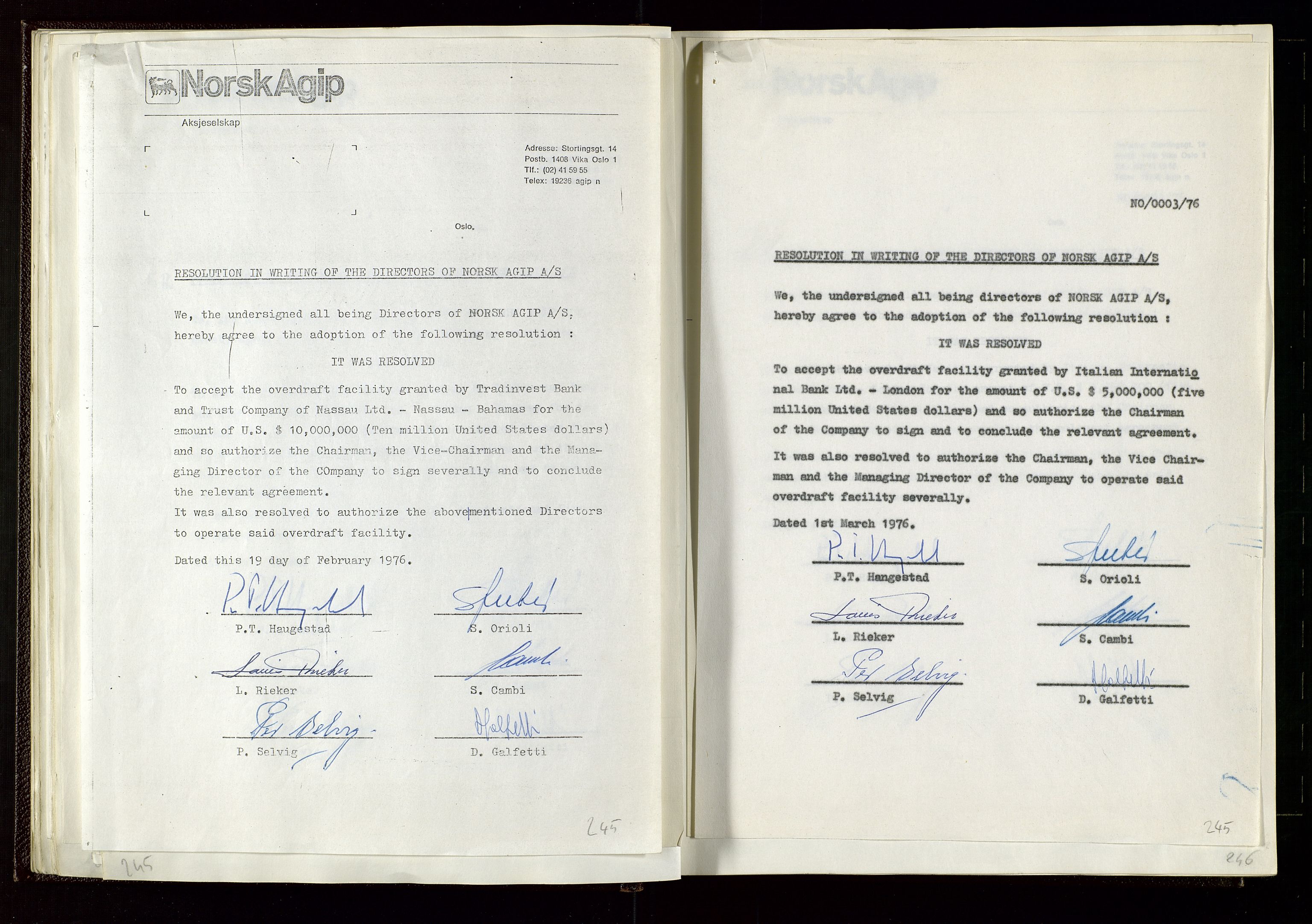 Pa 1583 - Norsk Agip AS, SAST/A-102138/A/Aa/L0002: General assembly and Board of Directors meeting minutes, 1972-1979, s. 245-246