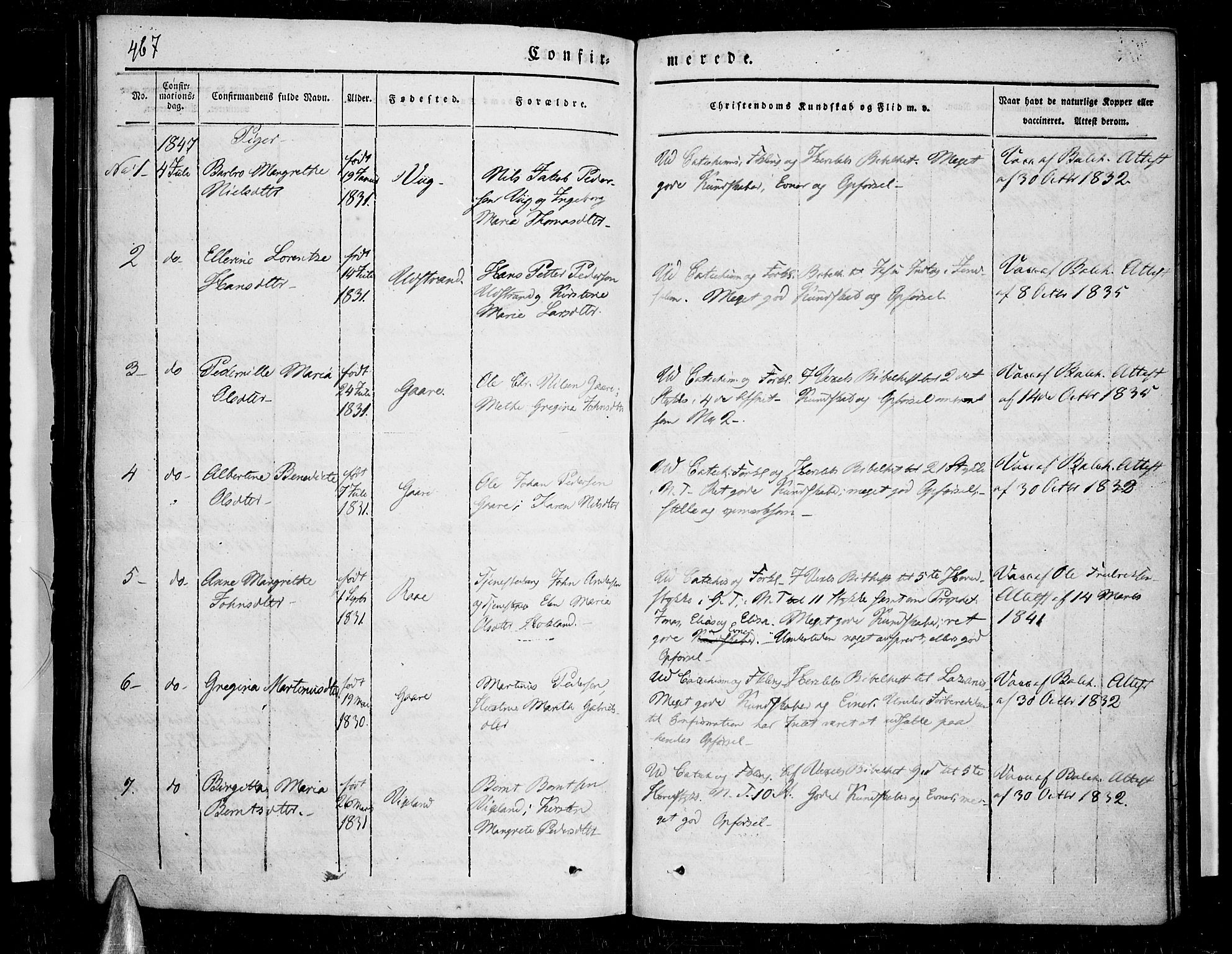 Kvæfjord sokneprestkontor, AV/SATØ-S-1323/G/Ga/Gaa/L0003kirke: Ministerialbok nr. 3, 1830-1857, s. 467