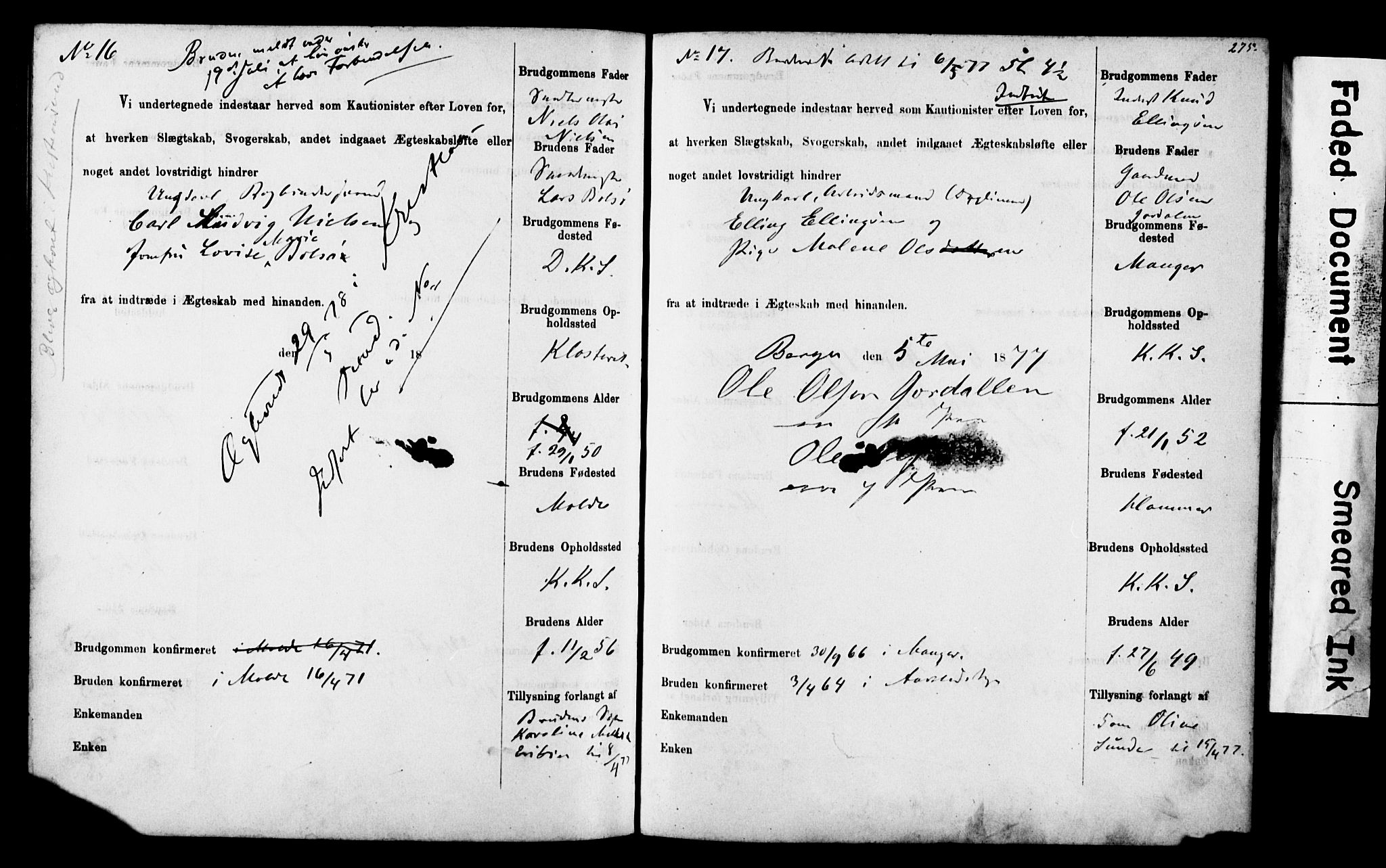 Korskirken sokneprestembete, SAB/A-76101: Forlovererklæringer nr. II.5.4, 1871-1878, s. 275