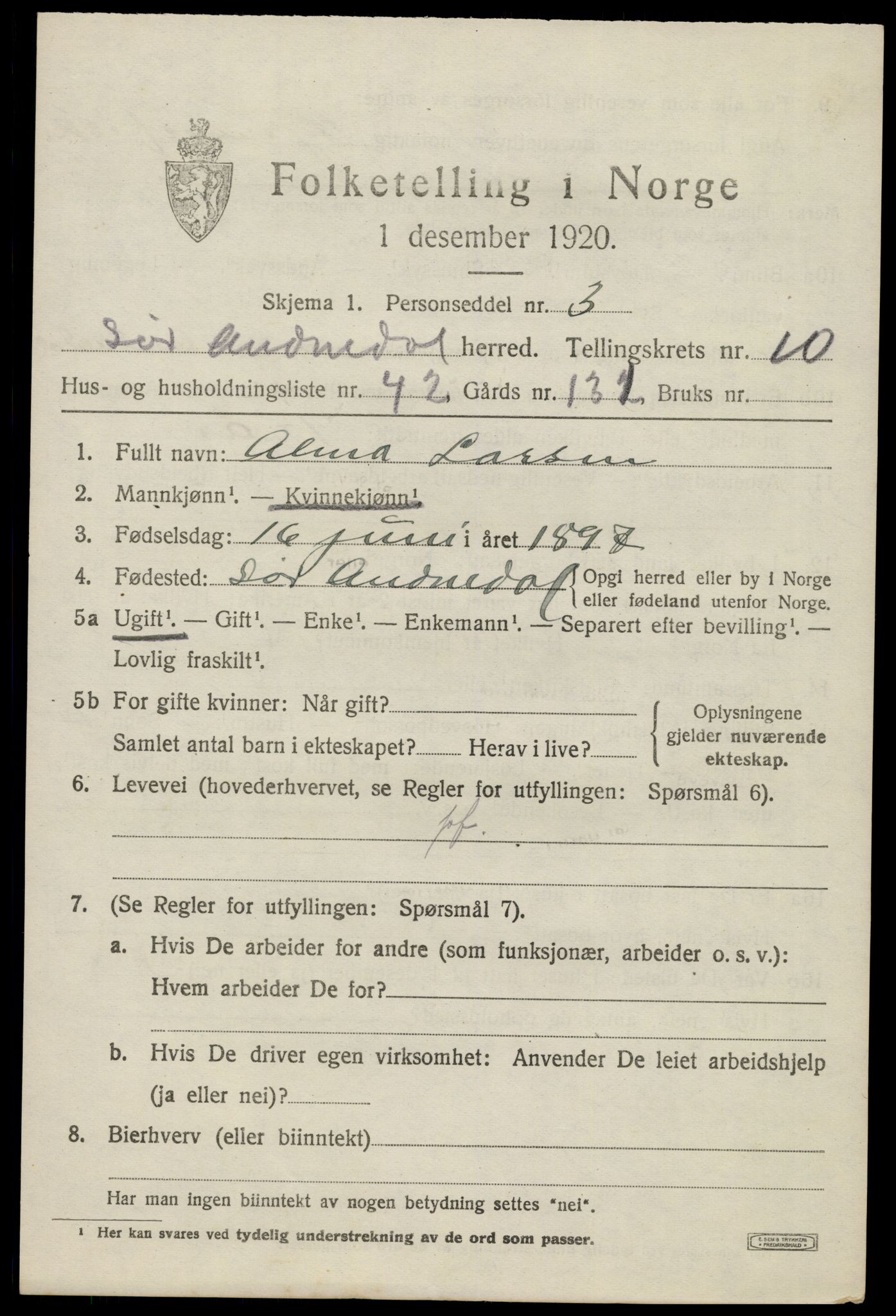 SAK, Folketelling 1920 for 1029 Sør-Audnedal herred, 1920, s. 4195