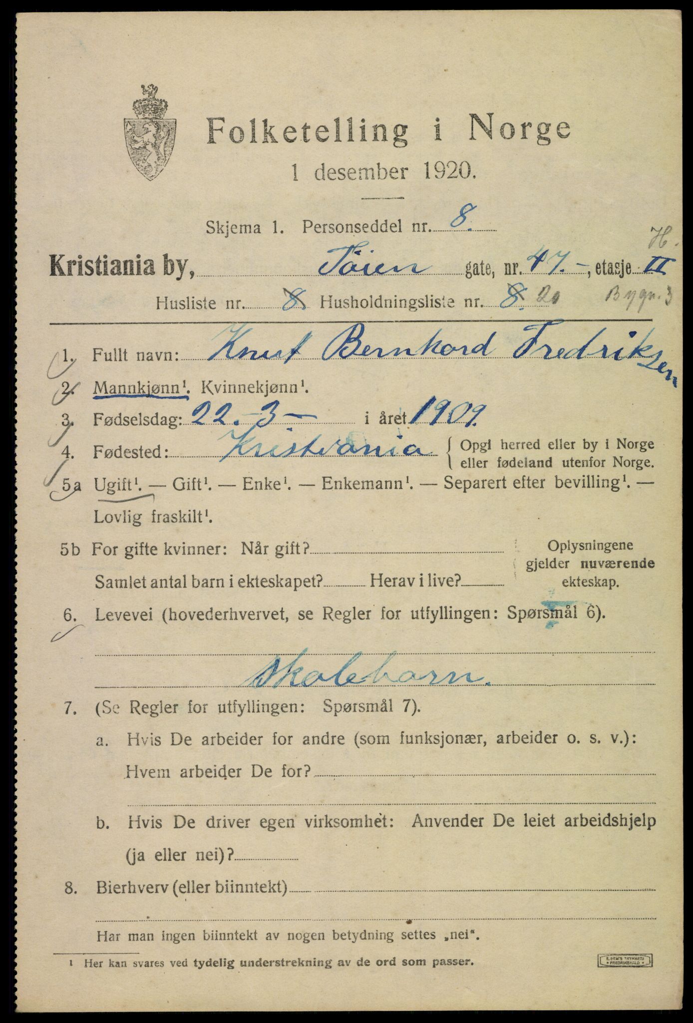 SAO, Folketelling 1920 for 0301 Kristiania kjøpstad, 1920, s. 610491