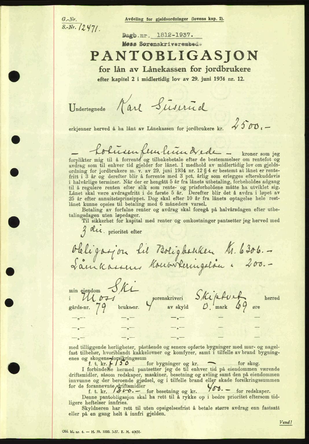 Moss sorenskriveri, SAO/A-10168: Pantebok nr. B4, 1937-1938, Dagboknr: 1812/1937