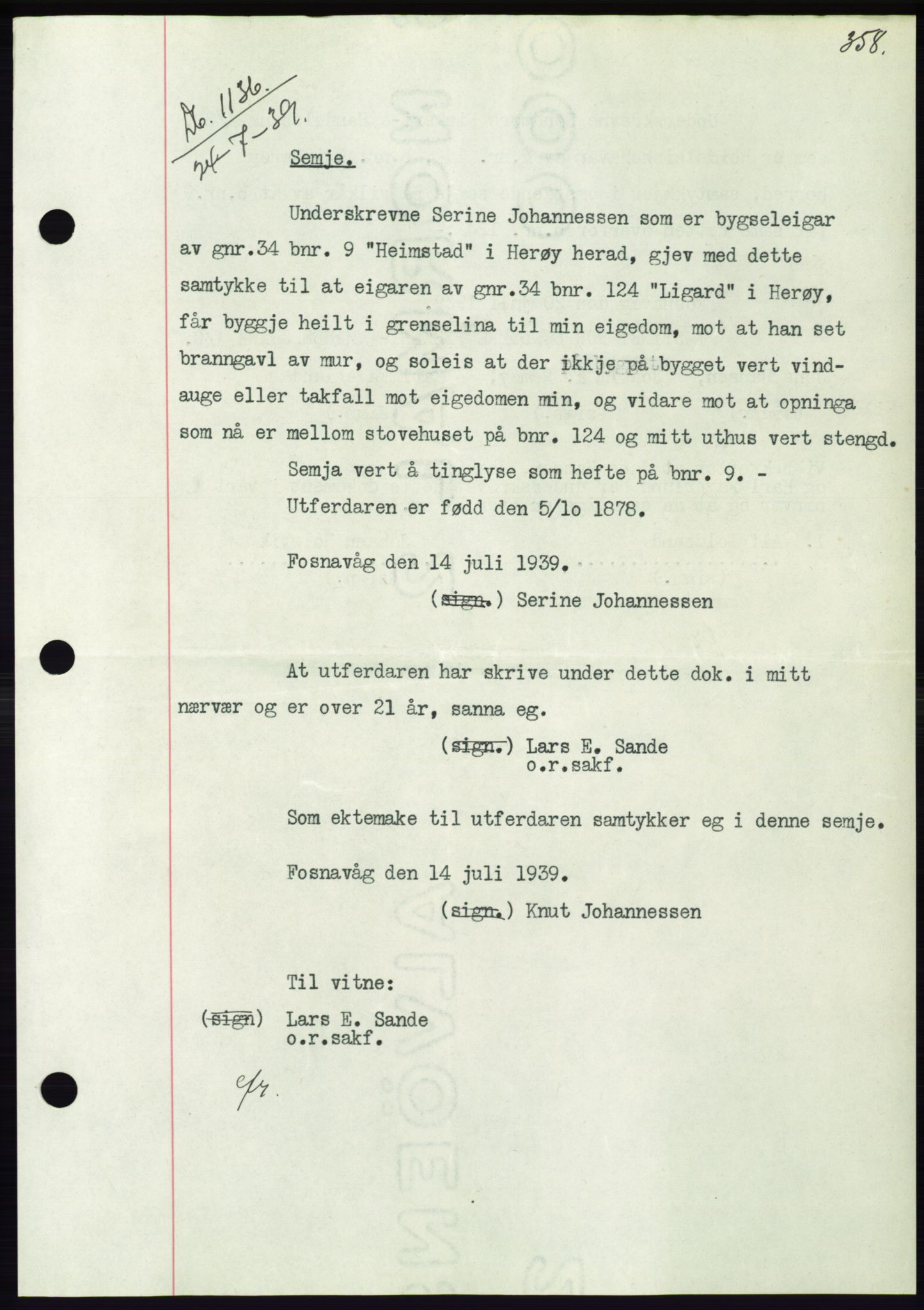 Søre Sunnmøre sorenskriveri, AV/SAT-A-4122/1/2/2C/L0068: Pantebok nr. 62, 1939-1939, Dagboknr: 1136/1939