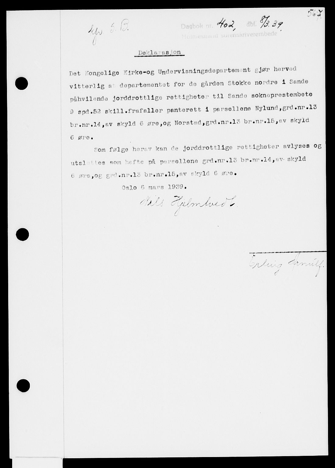 Holmestrand sorenskriveri, SAKO/A-67/G/Ga/Gaa/L0050: Pantebok nr. A-50, 1938-1939, Dagboknr: 402/1939
