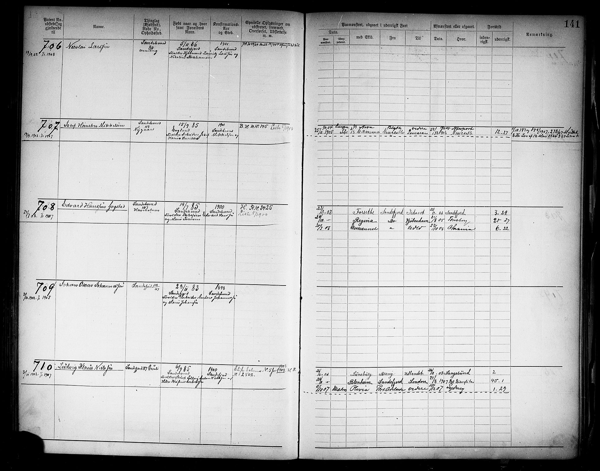 Sandefjord innrulleringskontor, AV/SAKO-A-788/F/Fa/L0005: Annotasjonsrulle, 1894-1911, s. 143