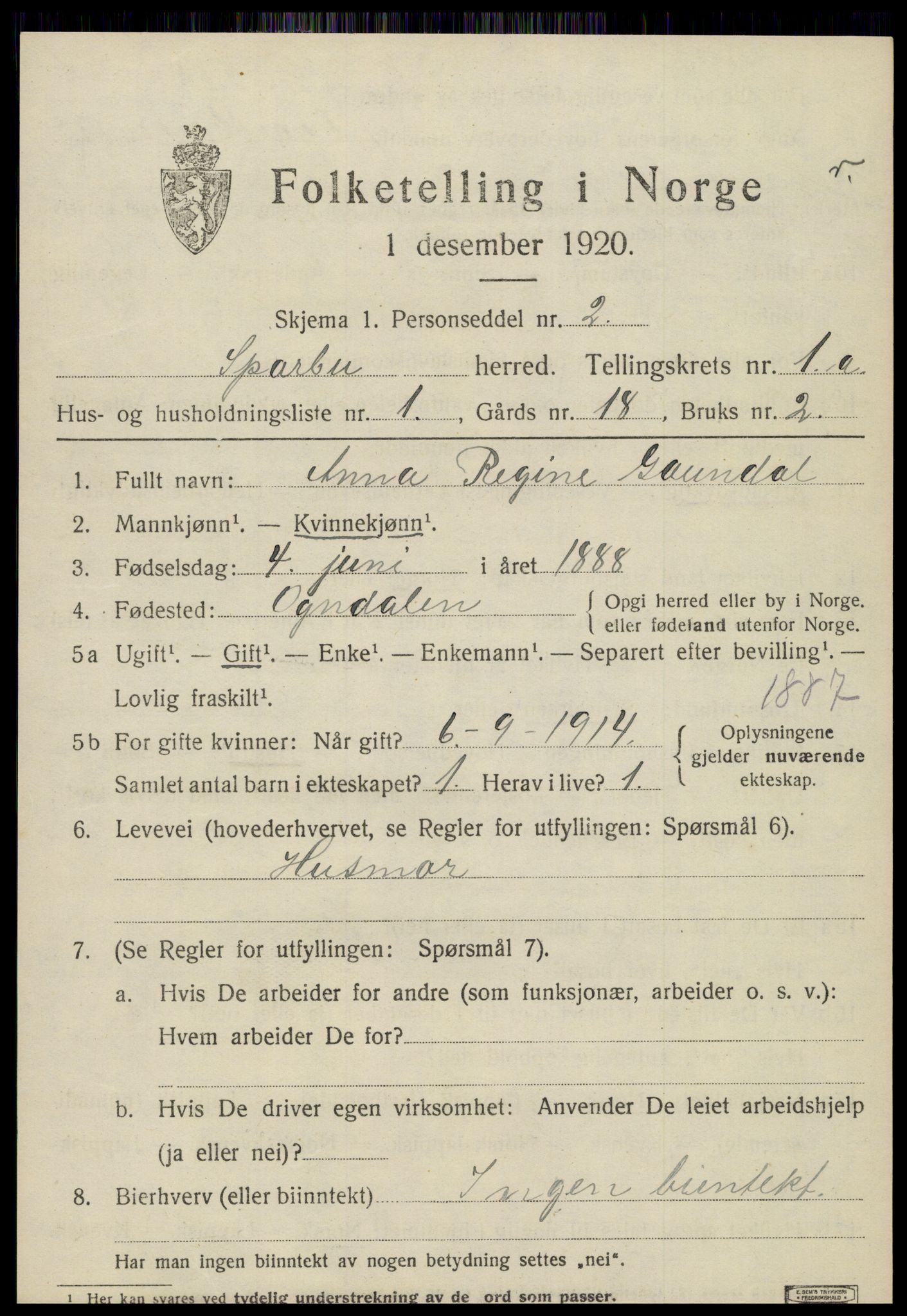SAT, Folketelling 1920 for 1731 Sparbu herred, 1920, s. 1005