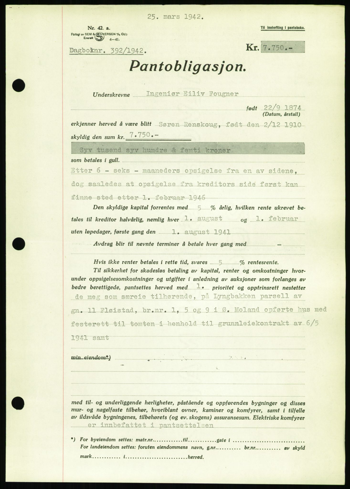 Nedenes sorenskriveri, SAK/1221-0006/G/Gb/Gbb/L0002: Pantebok nr. II, 1942-1945, Dagboknr: 392/1942