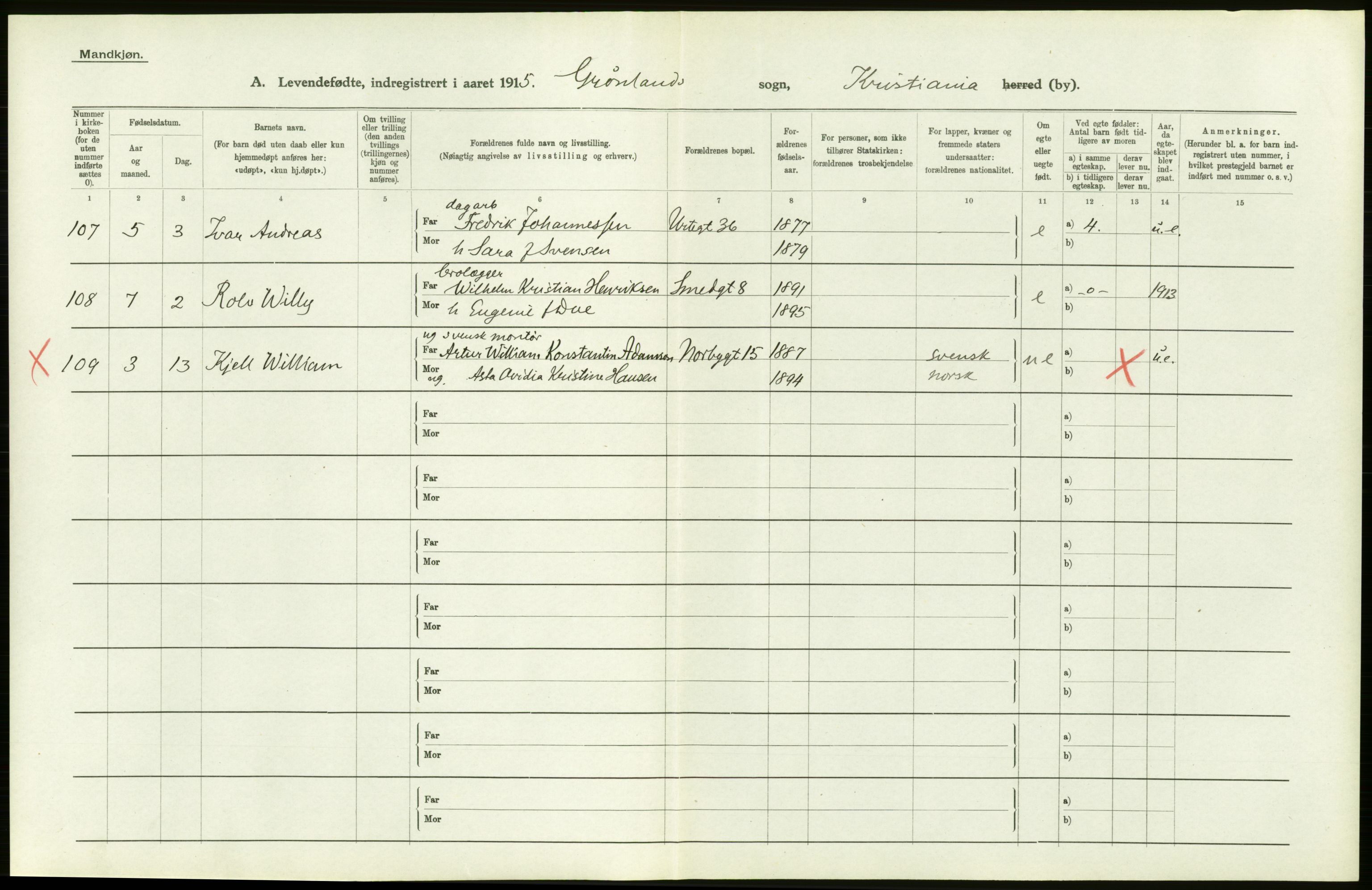 Statistisk sentralbyrå, Sosiodemografiske emner, Befolkning, AV/RA-S-2228/D/Df/Dfb/Dfbe/L0006: Kristiania: Levendefødte menn og kvinner., 1915, s. 696