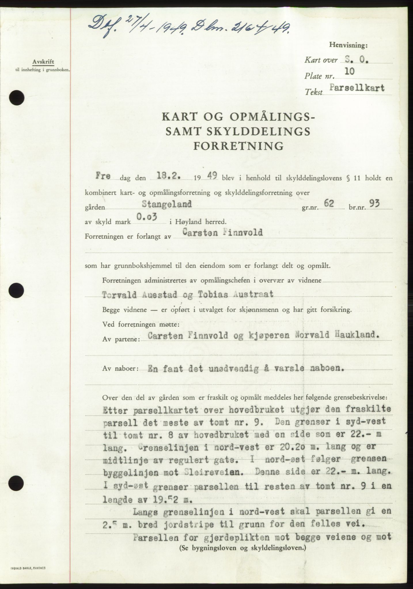 Jæren sorenskriveri, SAST/A-100310/03/G/Gba/L0102: Pantebok, 1949-1949, Dagboknr: 2164/1949