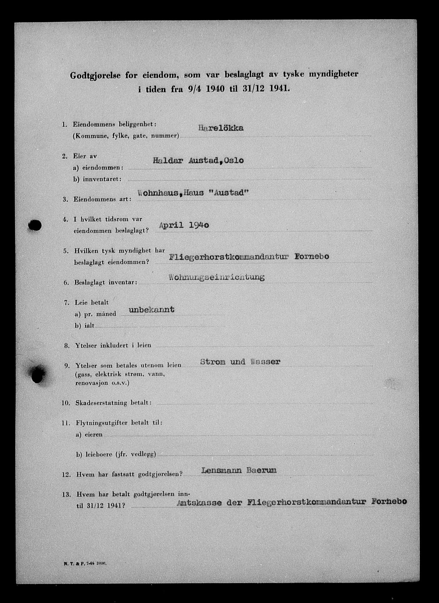 Justisdepartementet, Tilbakeføringskontoret for inndratte formuer, AV/RA-S-1564/I/L1010: Godtgjørelse for beslaglagt eiendom, 1940-1941, s. 150