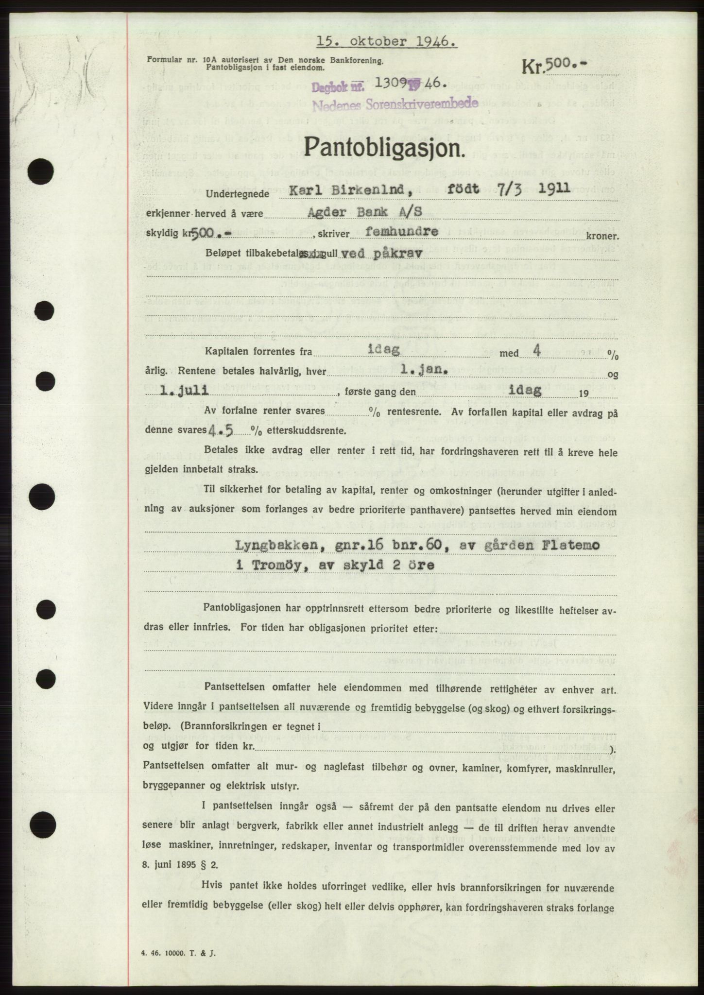 Nedenes sorenskriveri, SAK/1221-0006/G/Gb/Gbb/L0003: Pantebok nr. B3b, 1946-1946, Dagboknr: 1309/1946