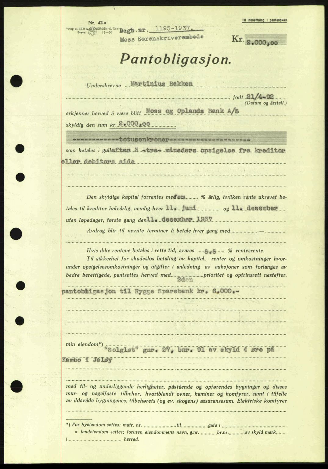 Moss sorenskriveri, SAO/A-10168: Pantebok nr. B3, 1937-1937, Dagboknr: 1195/1937