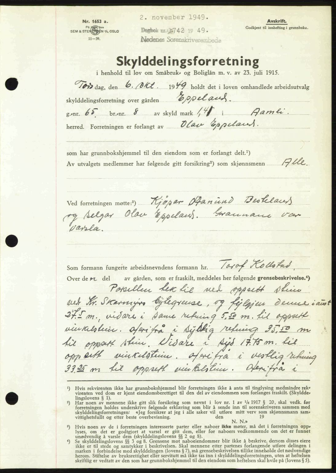Nedenes sorenskriveri, AV/SAK-1221-0006/G/Gb/Gba/L0061: Pantebok nr. A13, 1949-1949, Dagboknr: 1742/1949