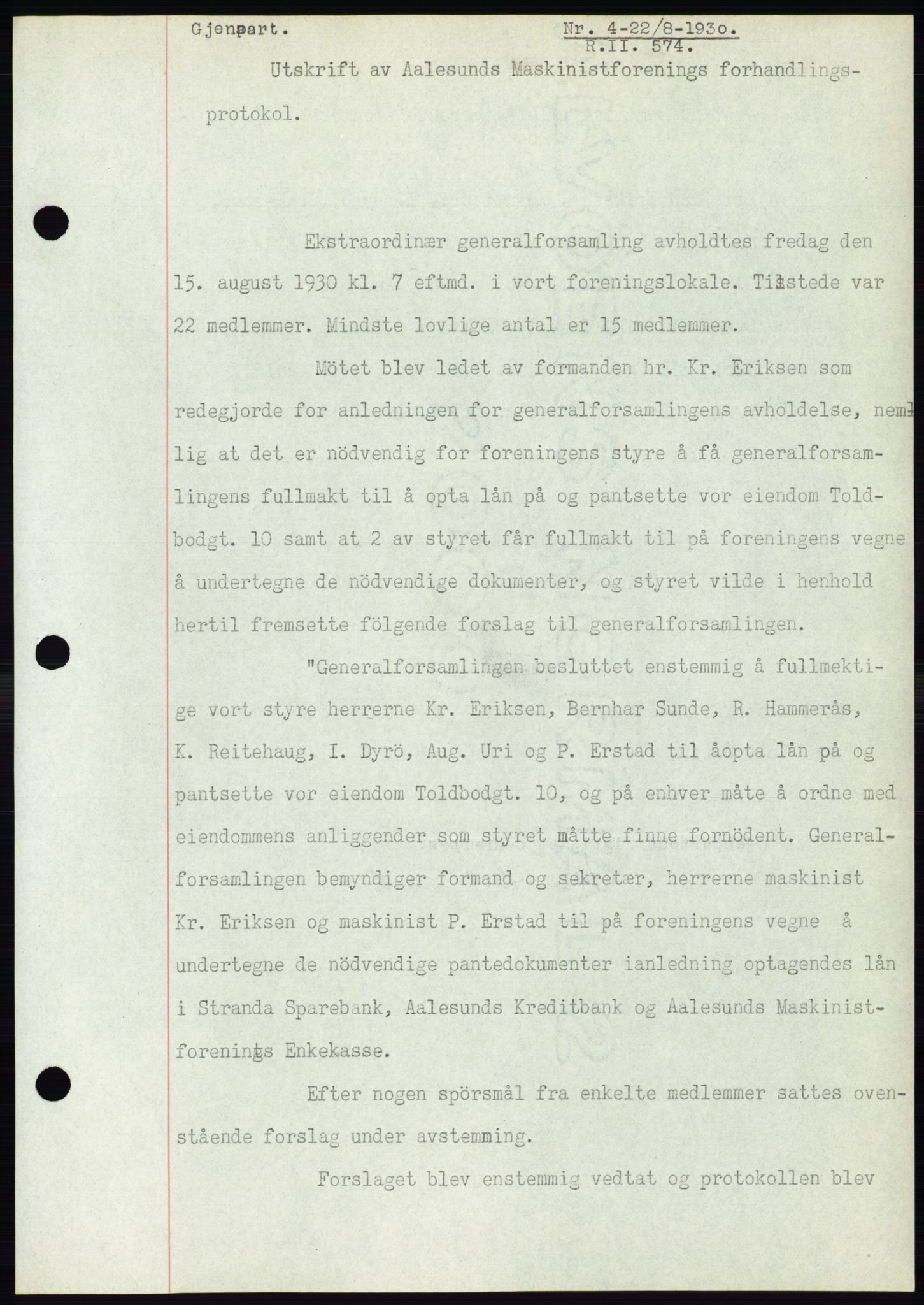 Ålesund byfogd, AV/SAT-A-4384: Pantebok nr. 26, 1930-1930, Tingl.dato: 22.08.1930