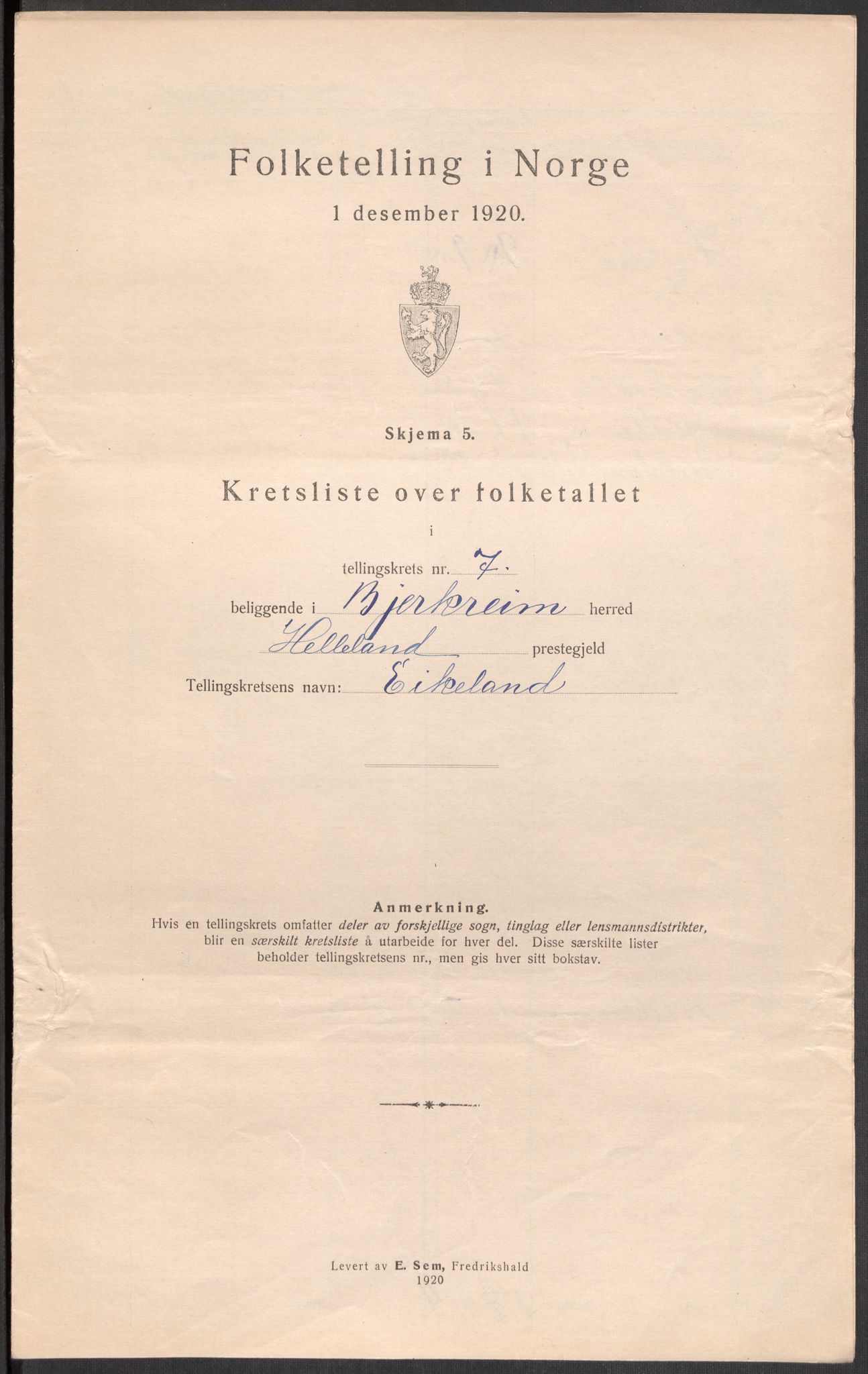 SAST, Folketelling 1920 for 1114 Bjerkreim herred, 1920, s. 25