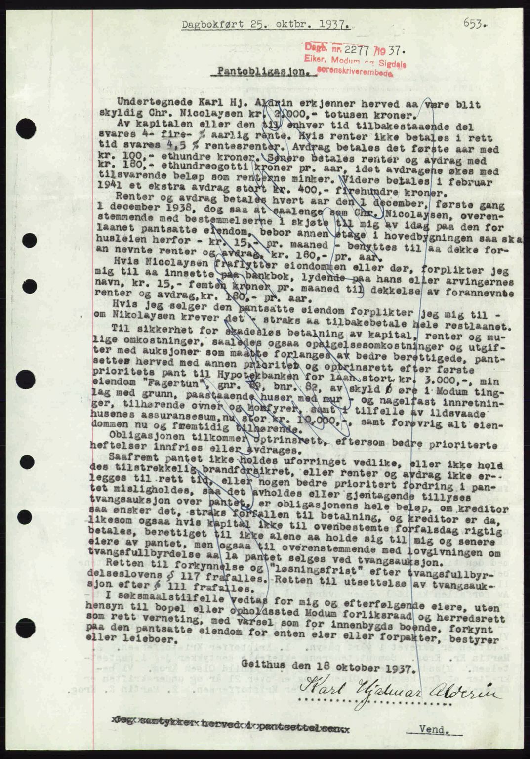 Eiker, Modum og Sigdal sorenskriveri, SAKO/A-123/G/Ga/Gab/L0036: Pantebok nr. A6, 1937-1937, Dagboknr: 2277/1937