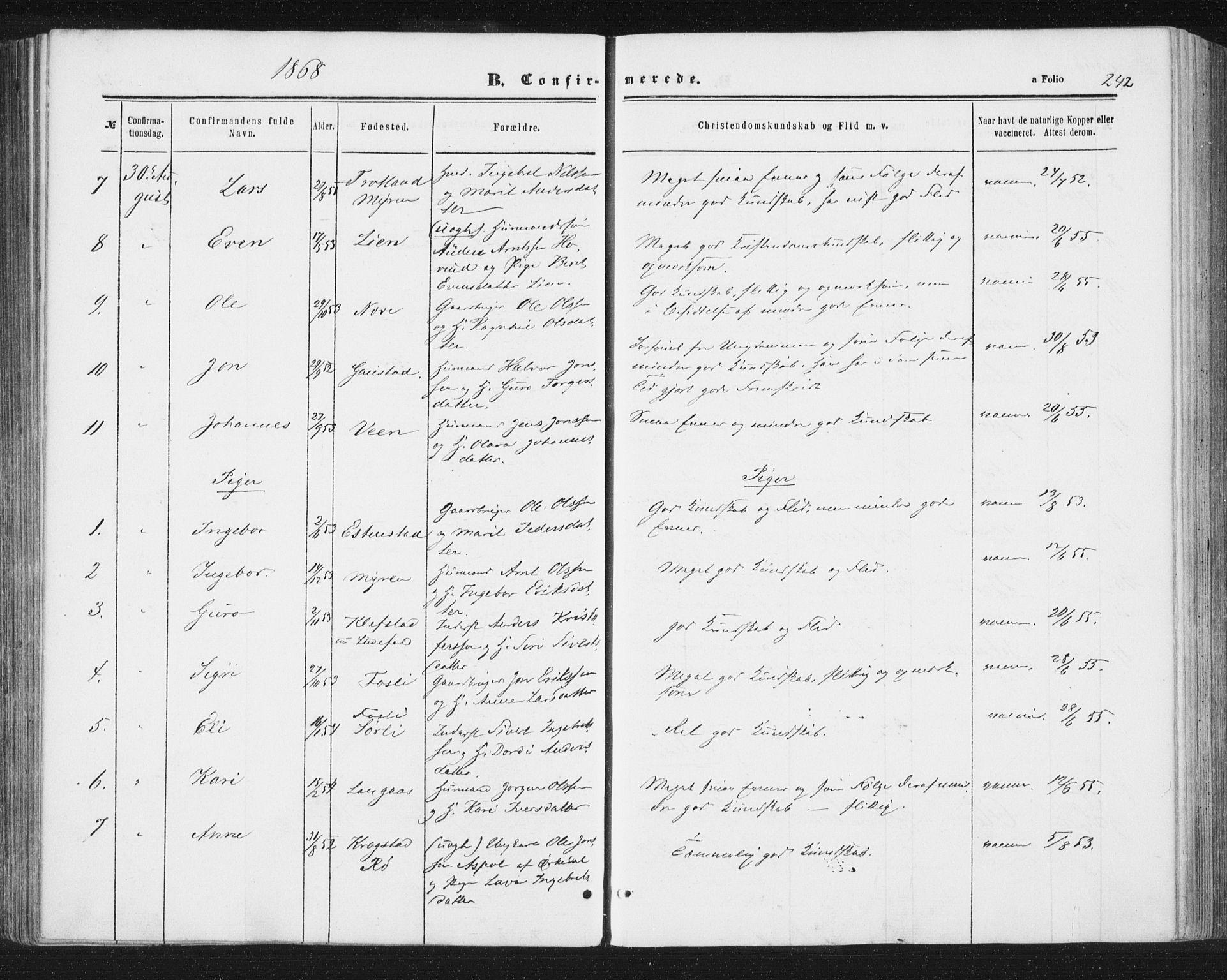 Ministerialprotokoller, klokkerbøker og fødselsregistre - Sør-Trøndelag, SAT/A-1456/691/L1077: Ministerialbok nr. 691A09, 1862-1873, s. 242