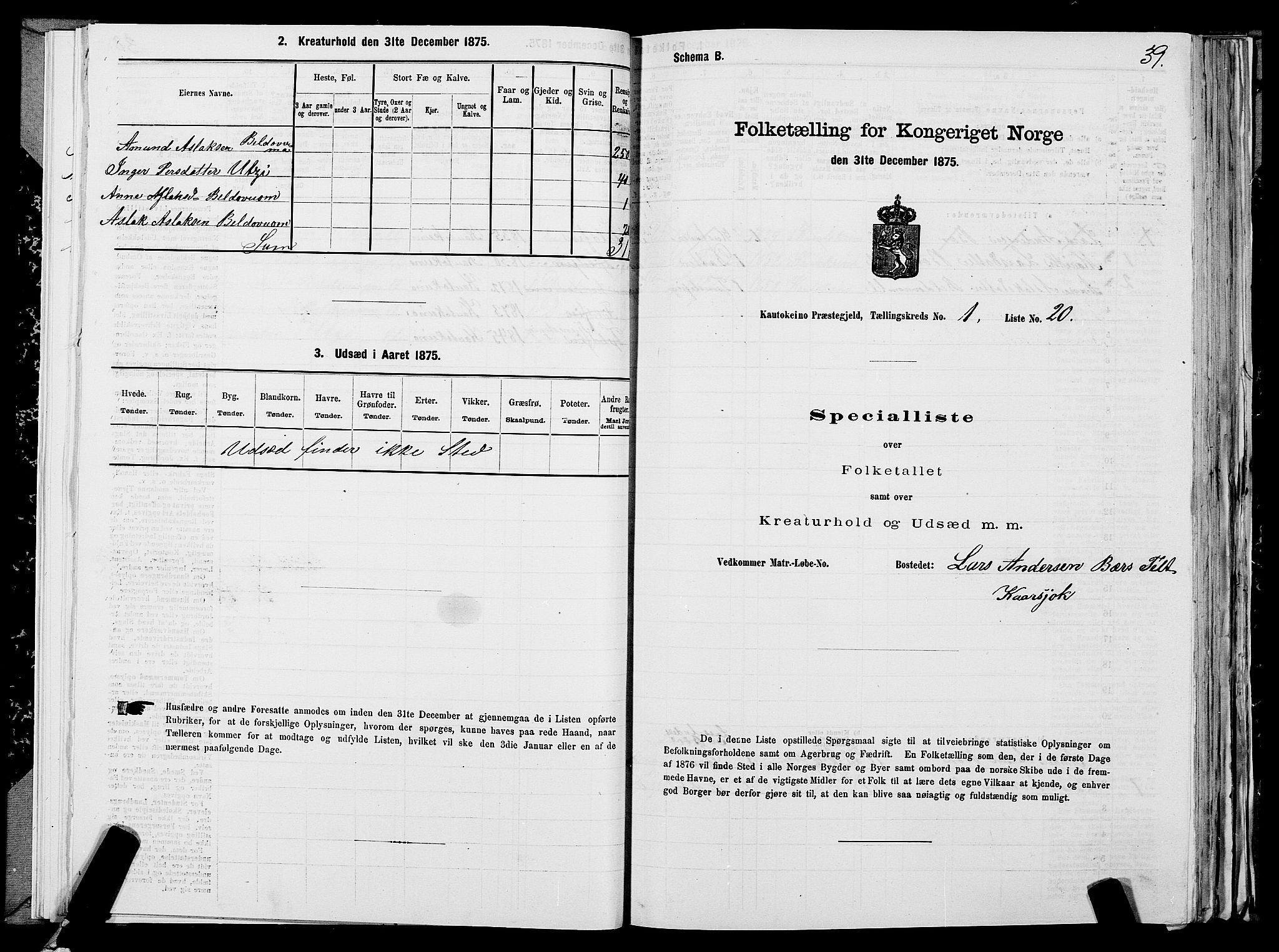 SATØ, Folketelling 1875 for 2011P Kautokeino prestegjeld, 1875, s. 1039