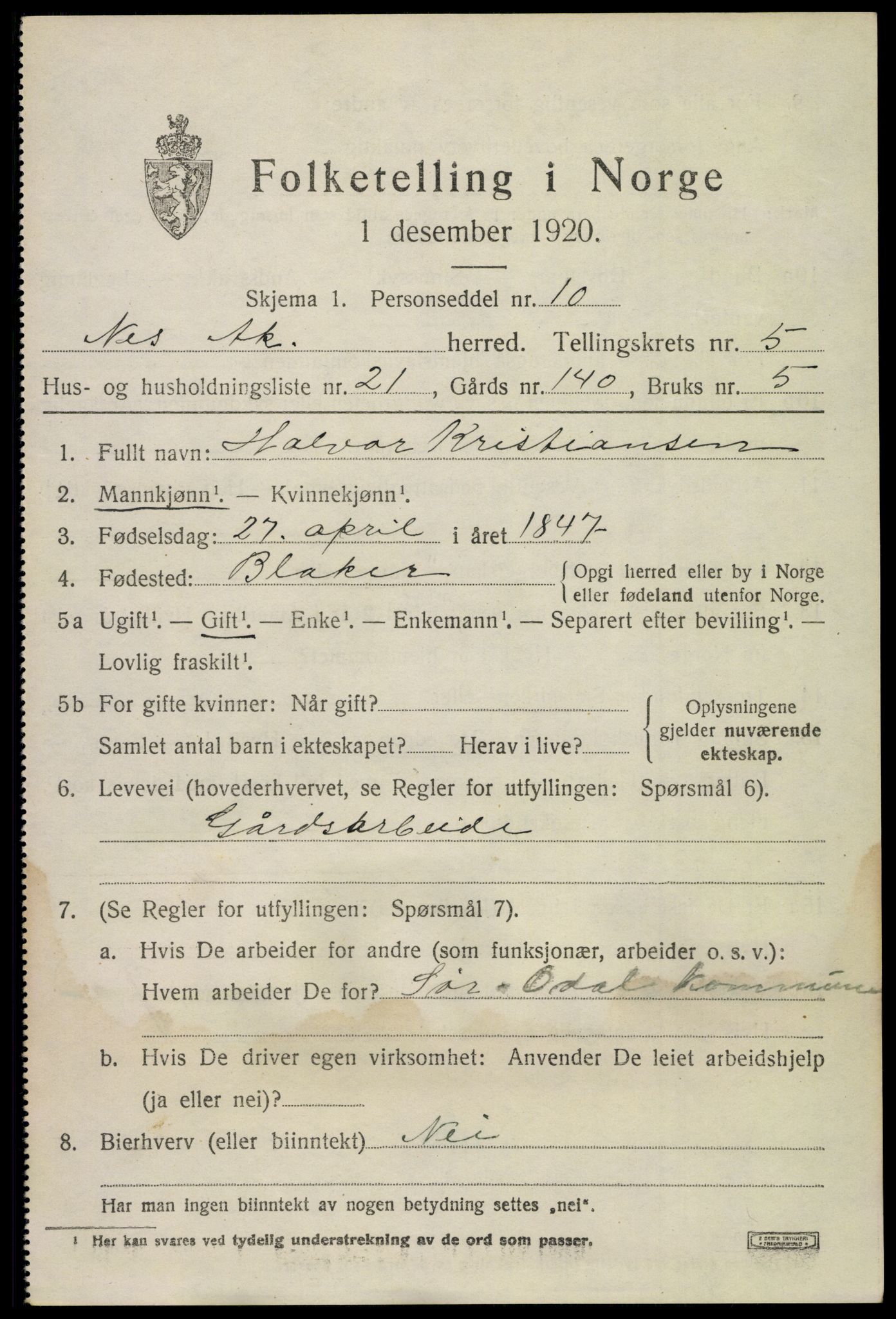 SAO, Folketelling 1920 for 0236 Nes herred, 1920, s. 6694