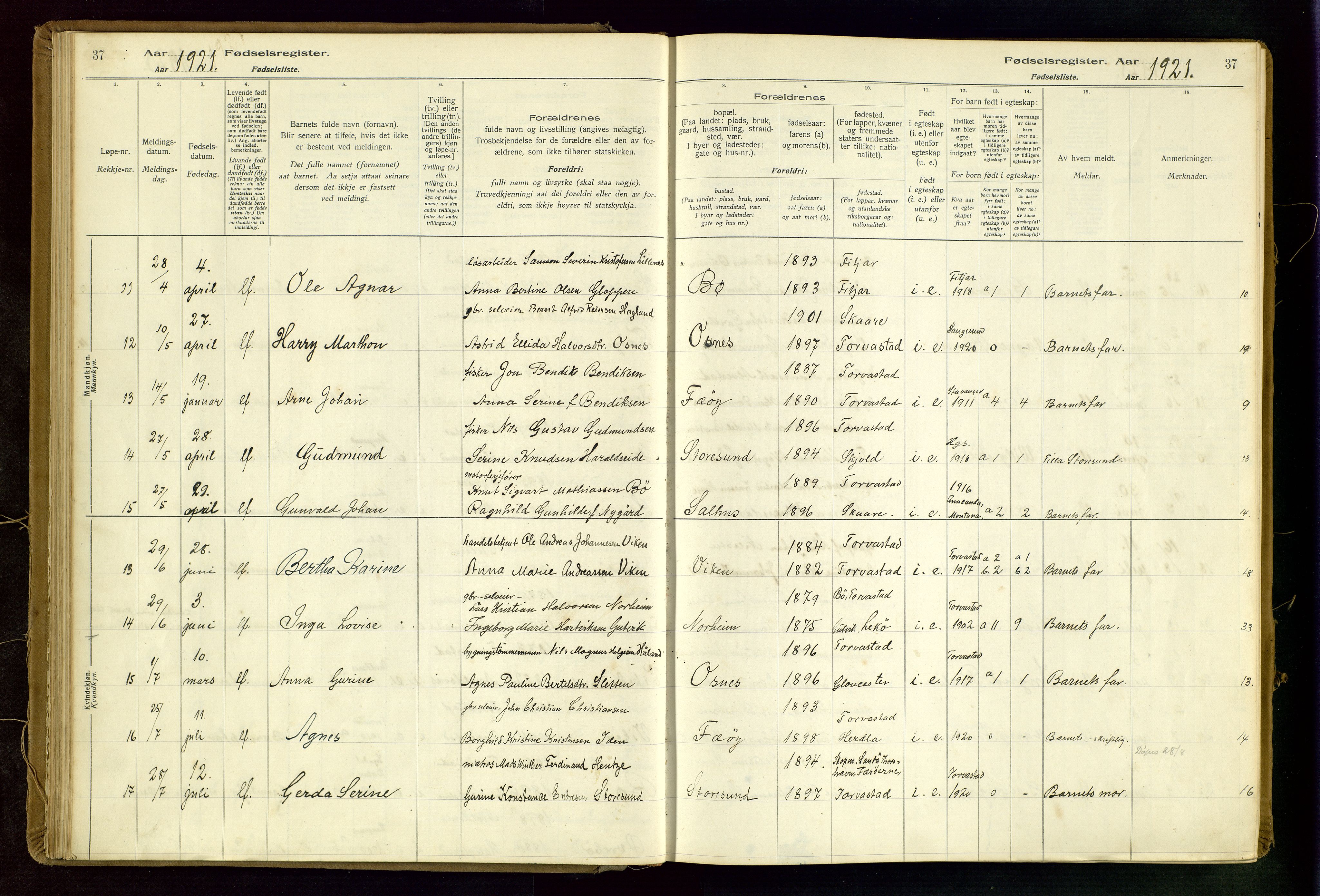 Torvastad sokneprestkontor, AV/SAST-A -101857/I/Id/L0002: Fødselsregister nr. 2, 1916-1950, s. 37