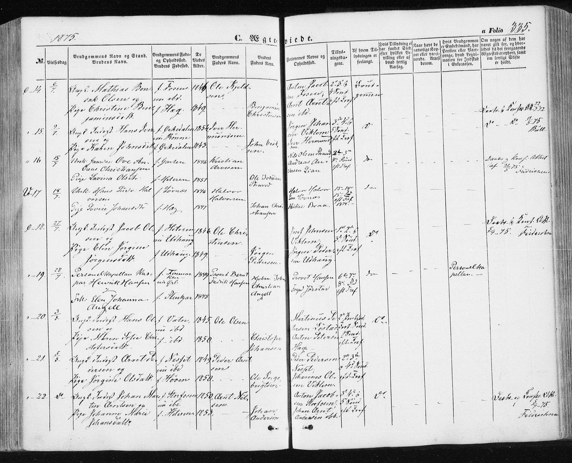 Ministerialprotokoller, klokkerbøker og fødselsregistre - Sør-Trøndelag, SAT/A-1456/659/L0737: Ministerialbok nr. 659A07, 1857-1875, s. 335