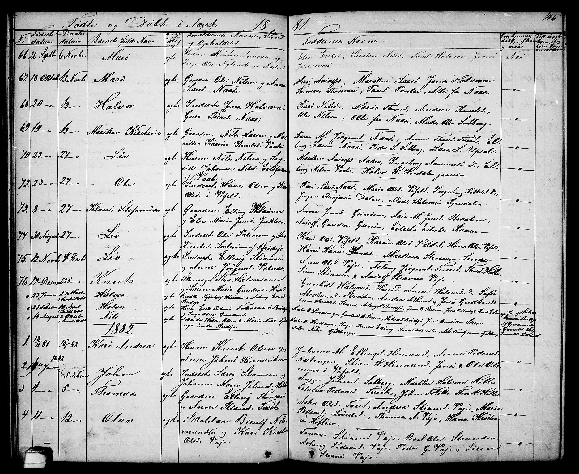 Drangedal kirkebøker, AV/SAKO-A-258/G/Ga/L0002: Klokkerbok nr. I 2, 1856-1887, s. 146