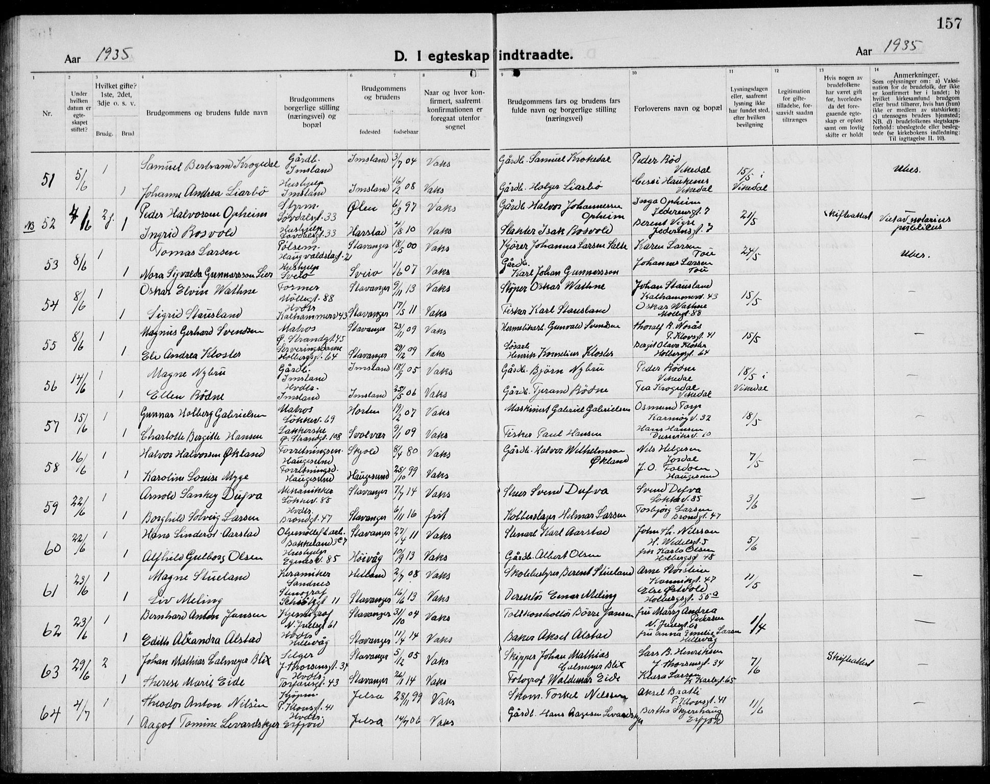 Domkirken sokneprestkontor, AV/SAST-A-101812/001/30/30BB/L0020: Klokkerbok nr. B 20, 1921-1937, s. 157