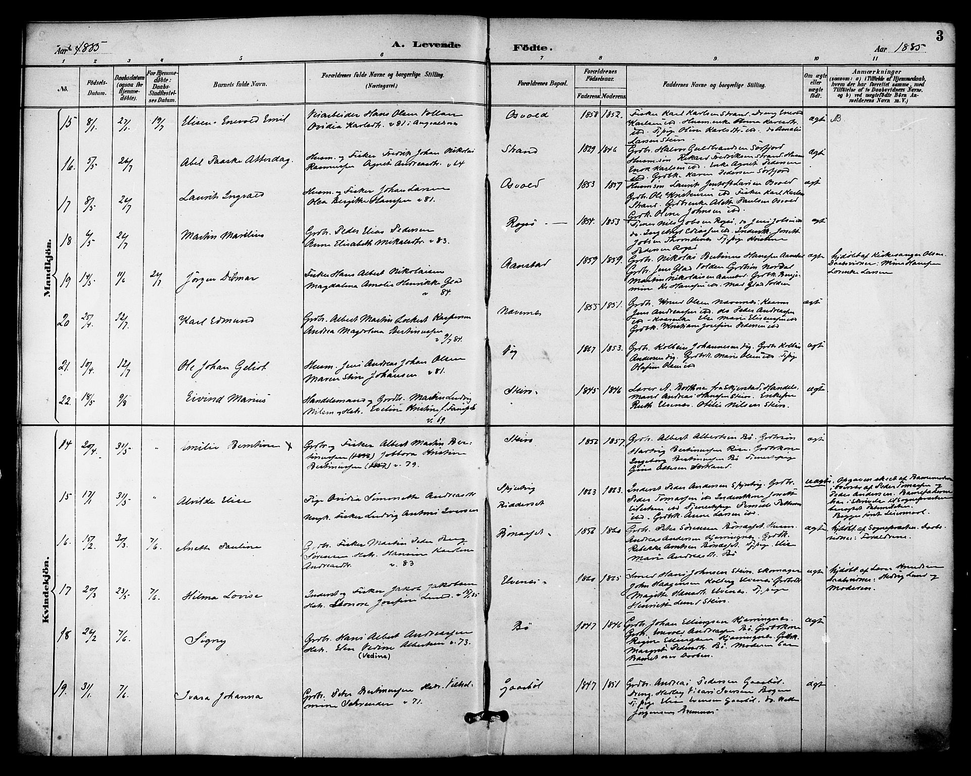 Ministerialprotokoller, klokkerbøker og fødselsregistre - Nordland, SAT/A-1459/895/L1371: Ministerialbok nr. 895A06, 1885-1894, s. 3