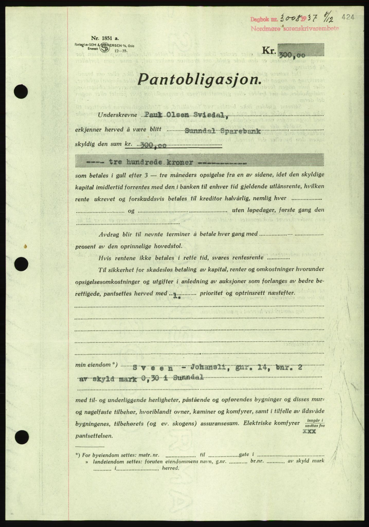 Nordmøre sorenskriveri, AV/SAT-A-4132/1/2/2Ca/L0092: Pantebok nr. B82, 1937-1938, Dagboknr: 3008/1937