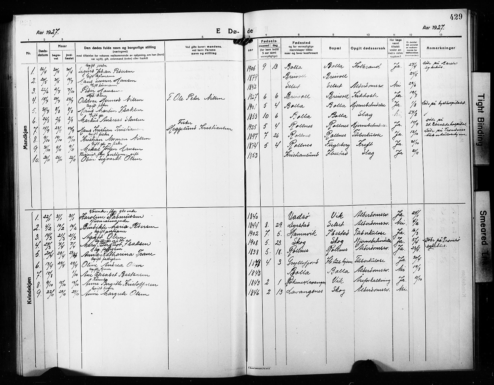 Ibestad sokneprestembete, AV/SATØ-S-0077/H/Ha/Hab/L0010klokker: Klokkerbok nr. 10, 1915-1929, s. 429