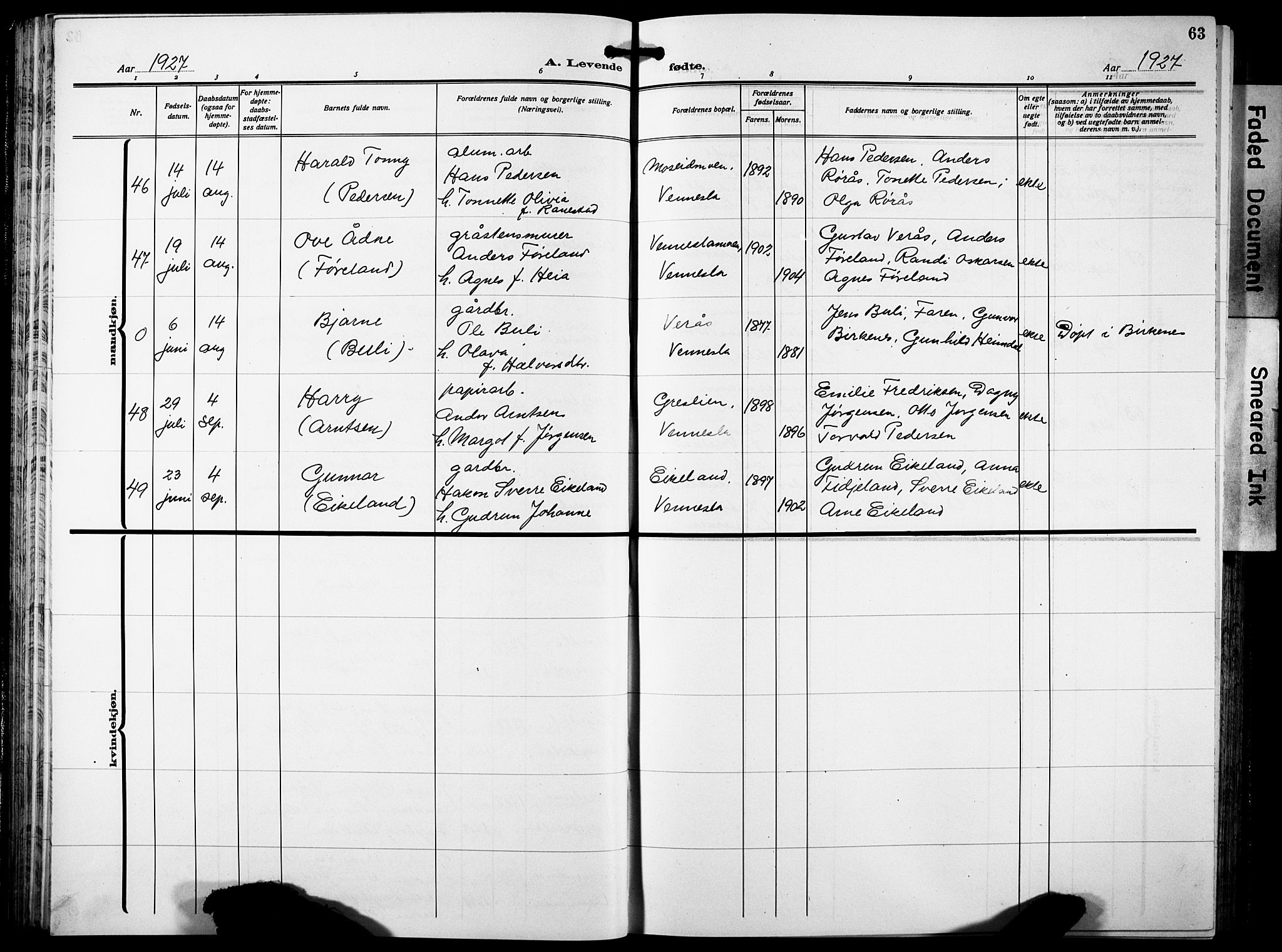 Vennesla sokneprestkontor, AV/SAK-1111-0045/Fb/Fbb/L0007: Klokkerbok nr. B 7, 1922-1933, s. 63